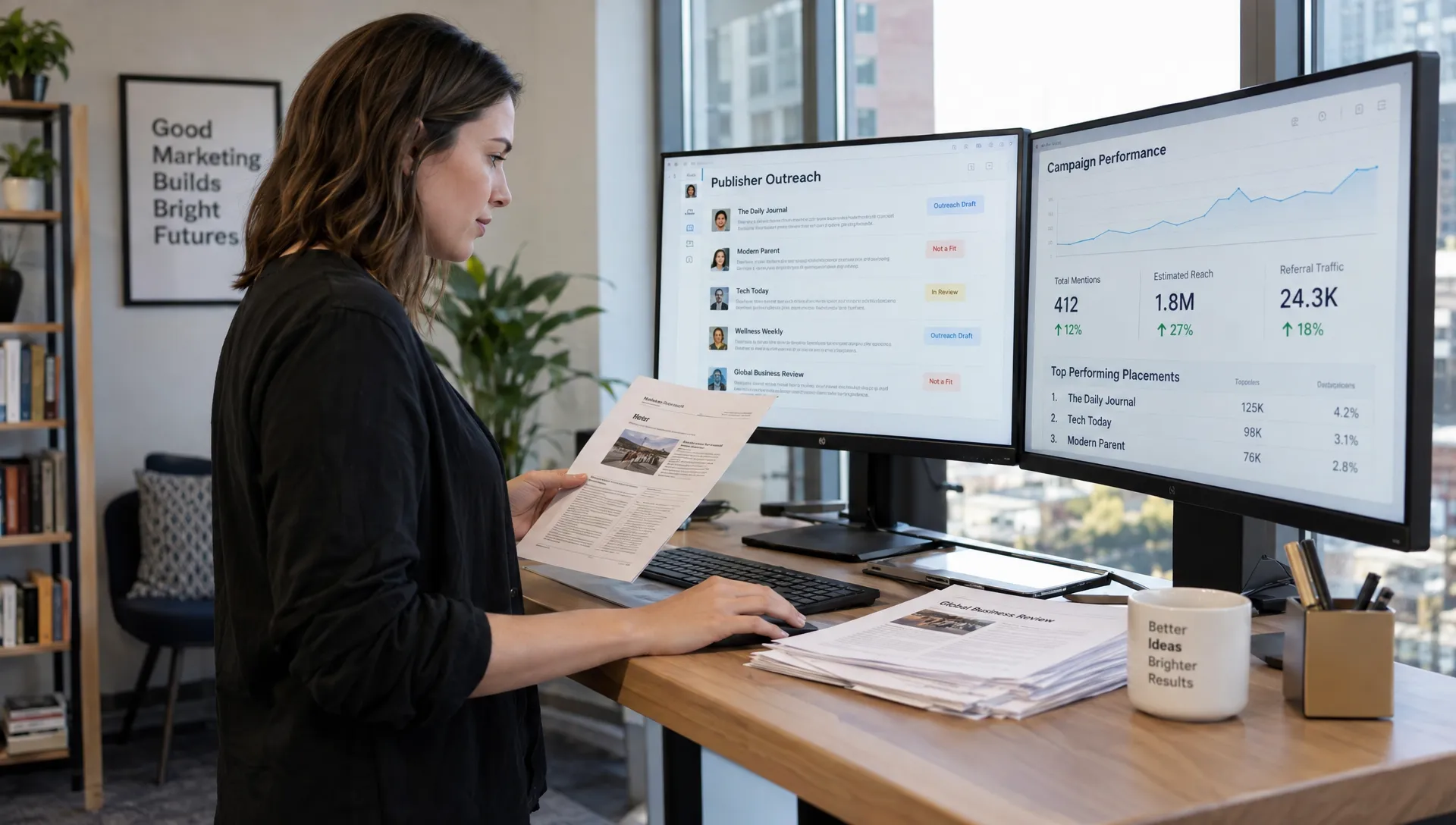 A marketing manager checks publisher pages and outreach drafts at a standing workstation, setting aside irrelevant placements while reviewing campaign reports.