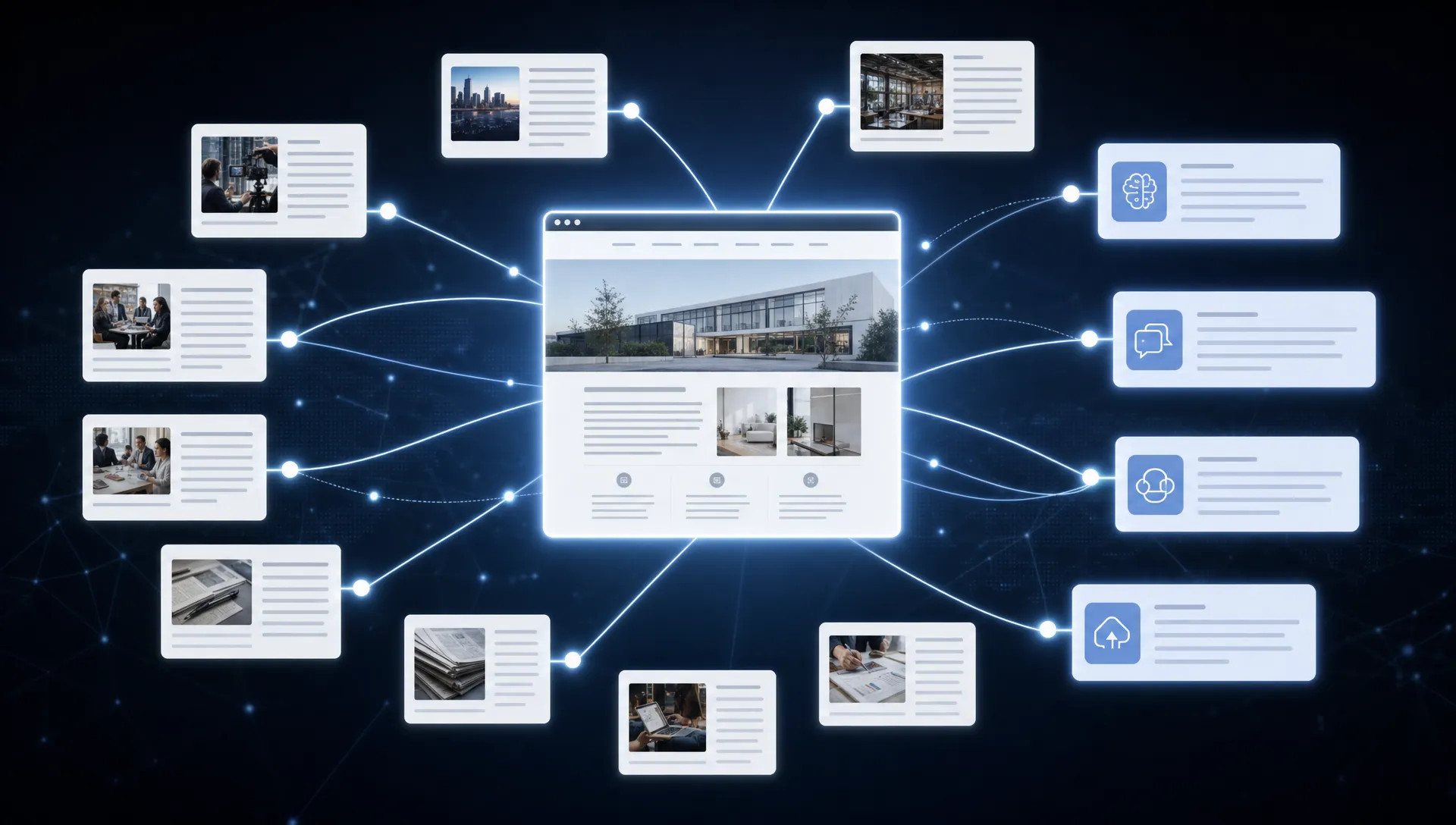 A search visibility map shows a company website connected to trusted media mentions, industry articles, and AI search citations.