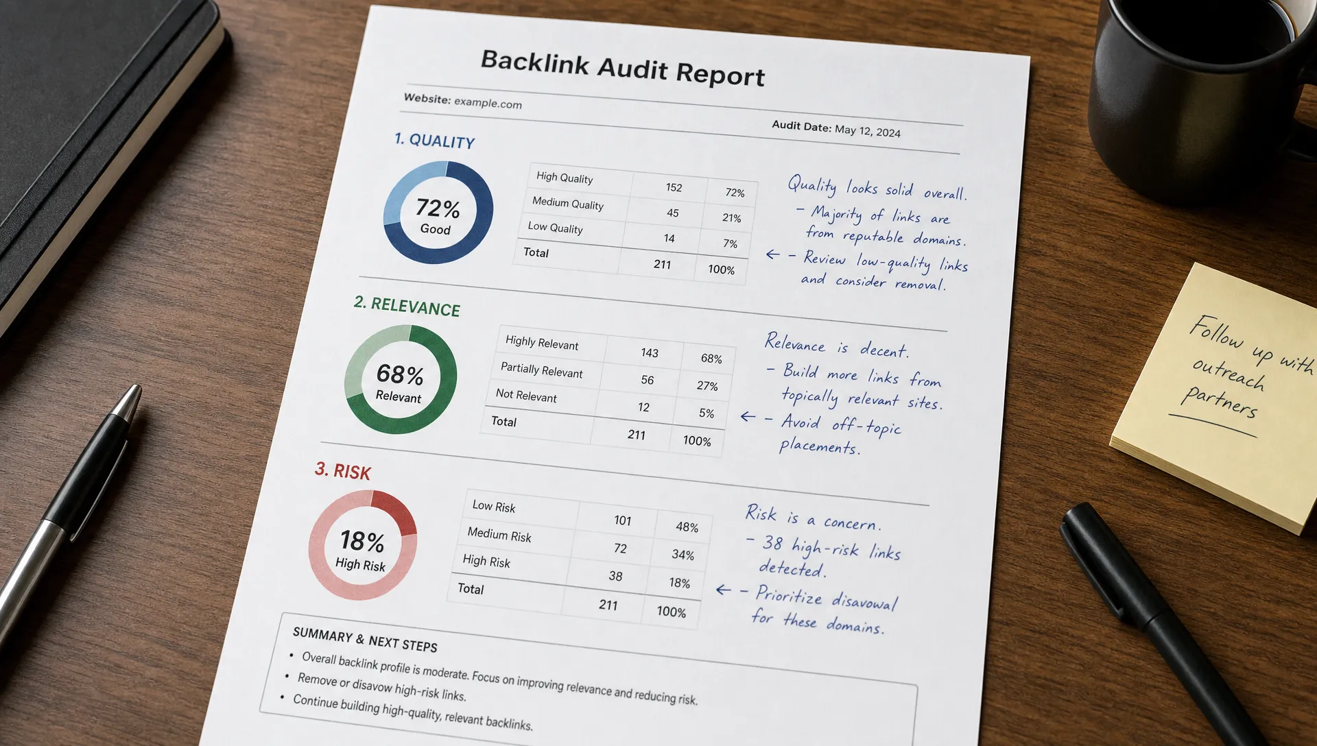A printed backlink audit report on a desk shows sections for quality, relevance, and risk with handwritten notes beside each one.