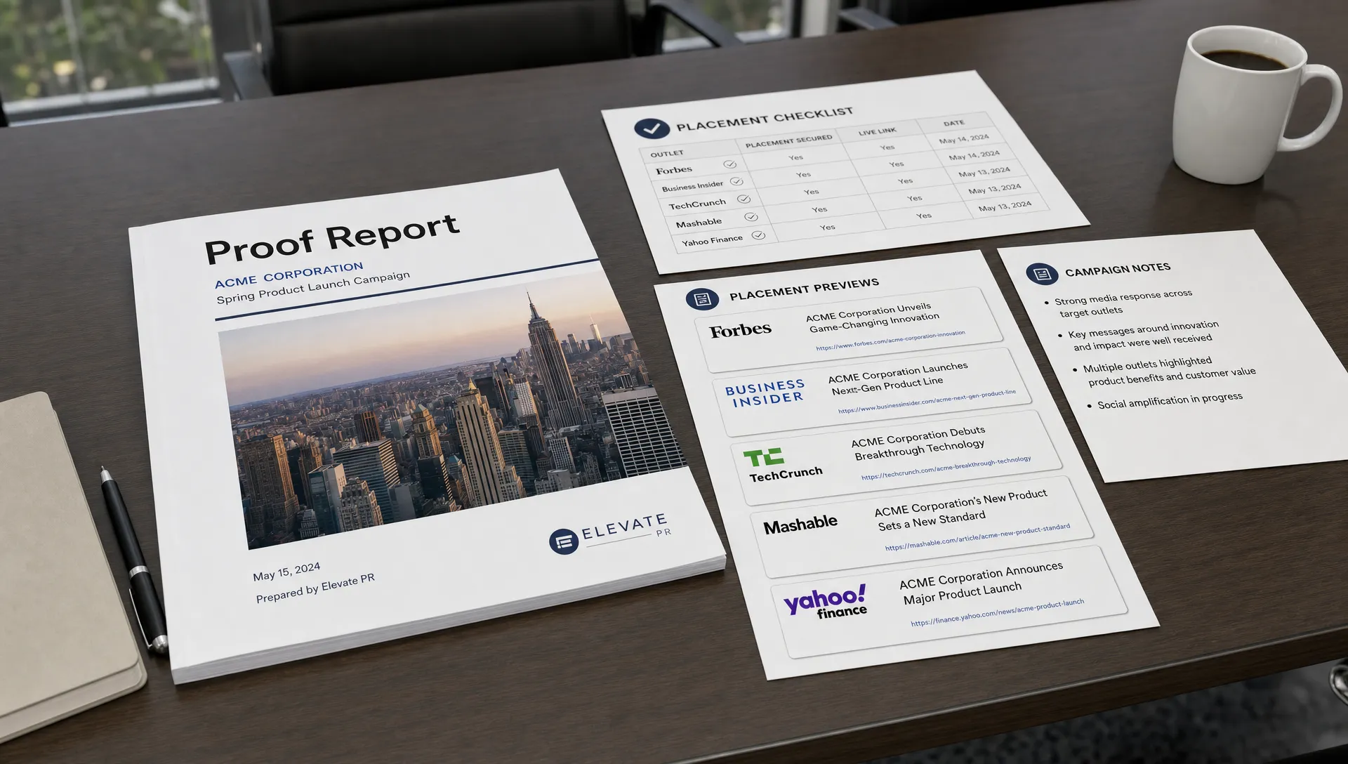 A proof report sits on a conference table with placement checklists, publication names, URL cards, and campaign notes for client review.