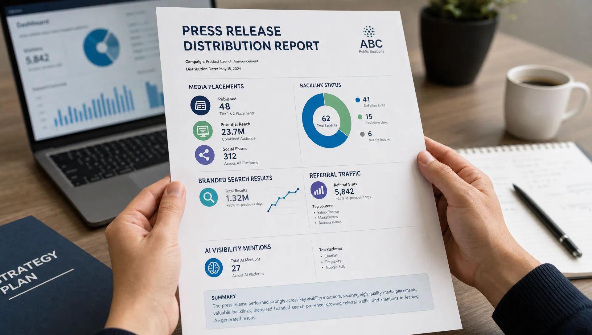 A printed press release distribution report held in both hands, showing media placements, backlink status, branded search results, referral traffic notes, and AI visibility mentions, with a laptop and office materials blurred in the background.