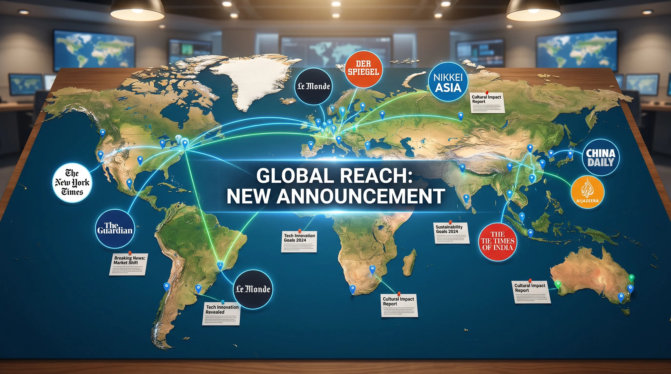 A wide map-style scene showing article placements across North America, Europe, and Asia, with publication logos, connected location markers, and a brand announcement spreading across regions.