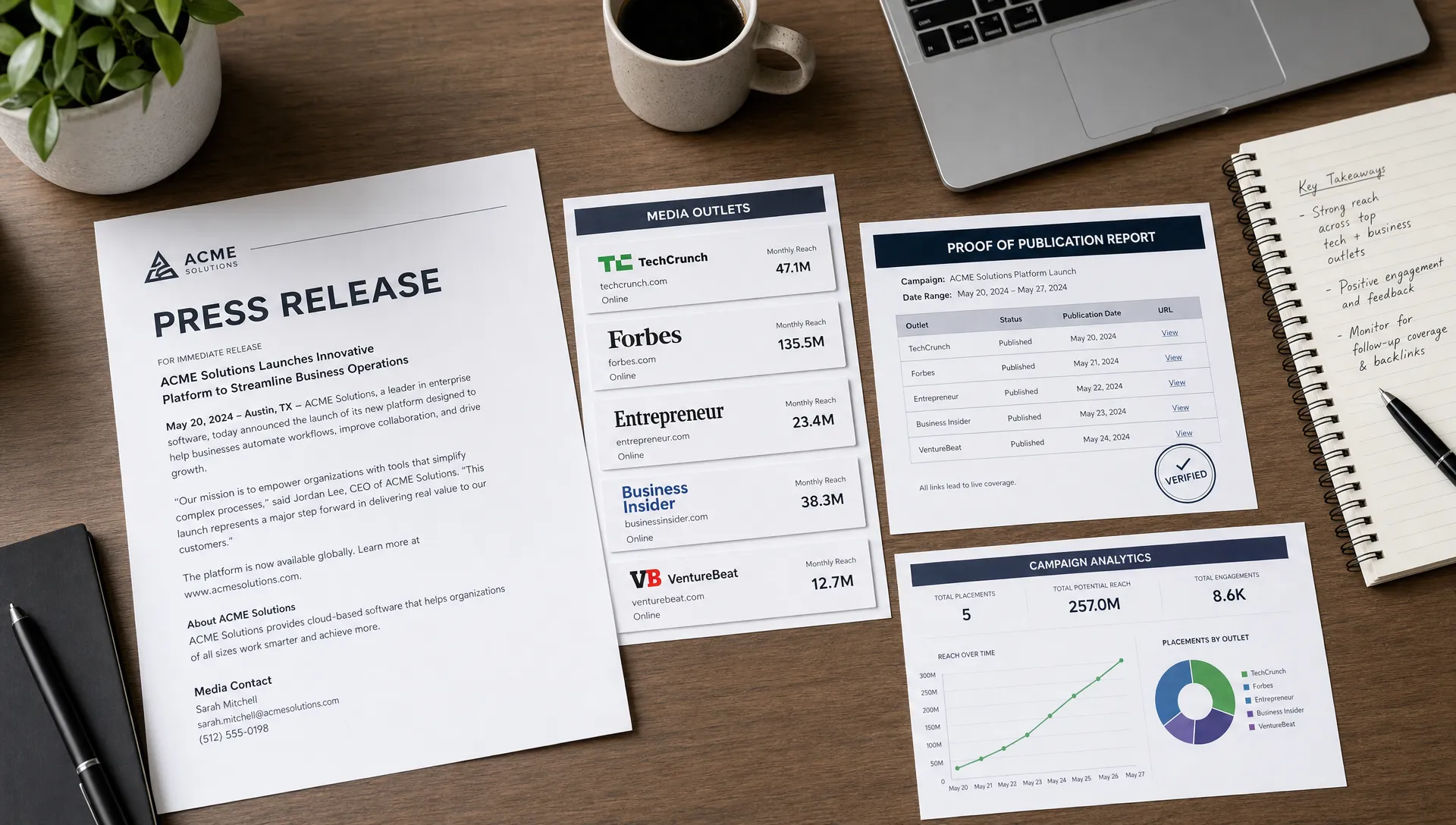 A clean desk with a printed press release, media outlet cards, a proof report, and analytics notes arranged to show a brand distribution campaign being reviewed.