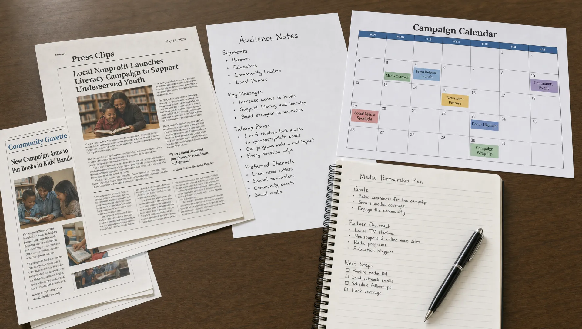 Printed press clips, audience notes, a campaign calendar, and a notebook sit together as a media partnership planning session on a tabletop.