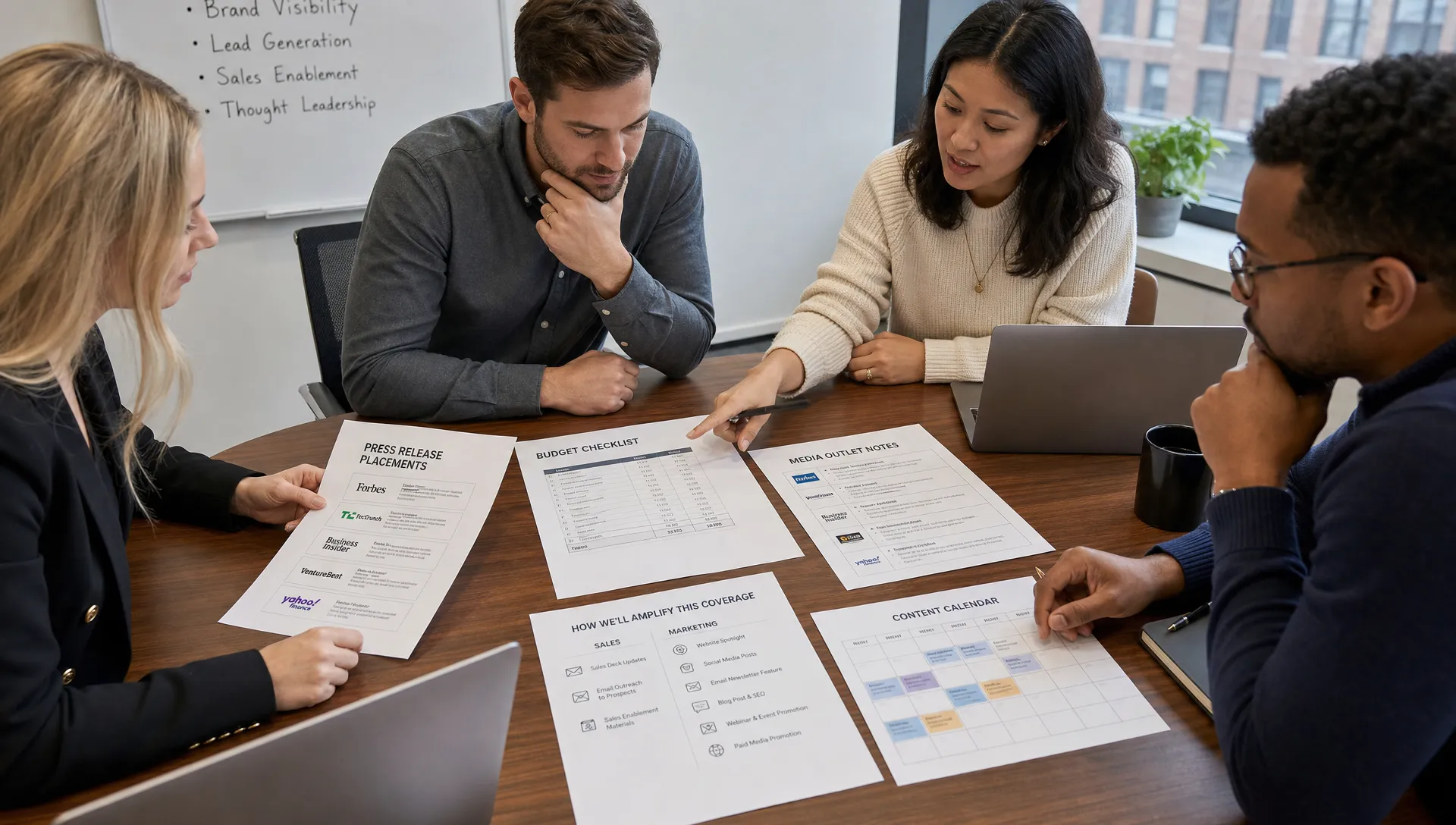 A marketing team reviews printed press release placements, a budget checklist, and media outlet notes on a conference table while planning how to use the coverage across sales and marketing channels.