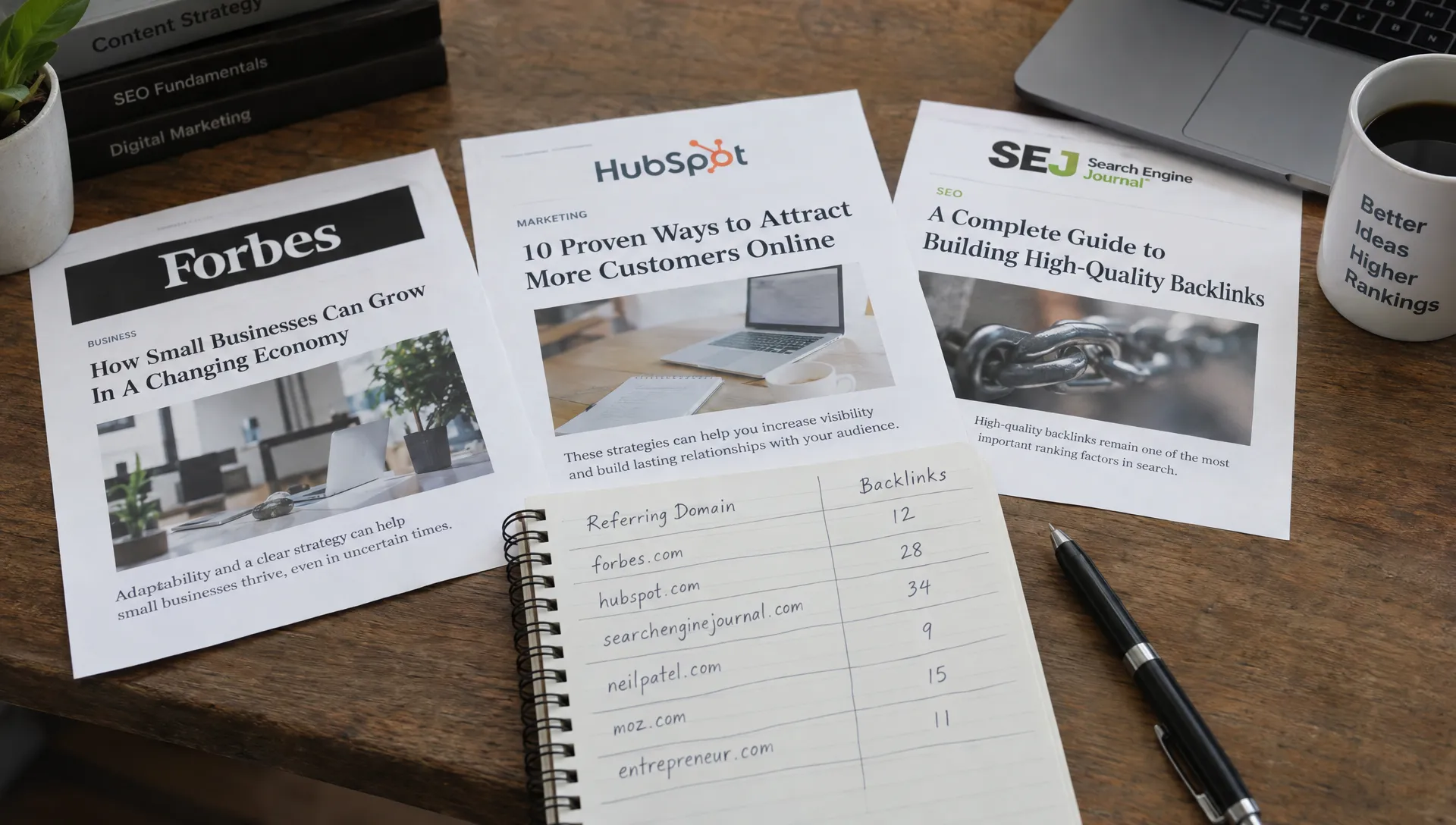 Printed articles from distinct publications are compared with a notebook tracking referring domains and backlink totals.