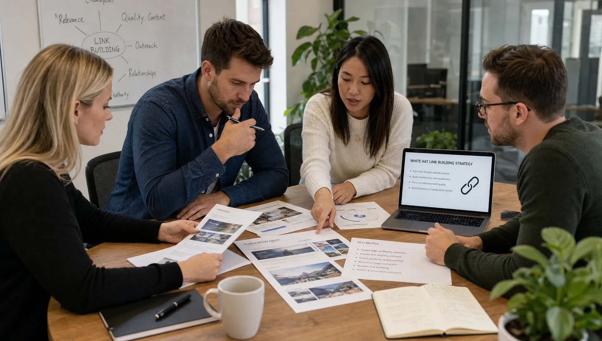 A marketing team reviews publication pages, content assets, and SEO notes on a conference table while planning white hat link building.