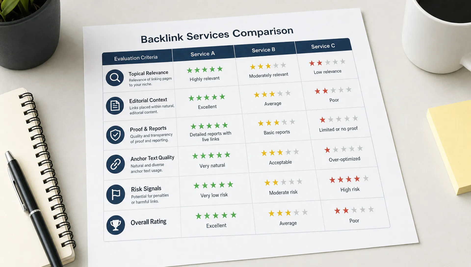 A printed comparison sheet on a clean desk lists topical relevance, editorial context, proof reports, anchor text quality, and risk signals for backlink services.