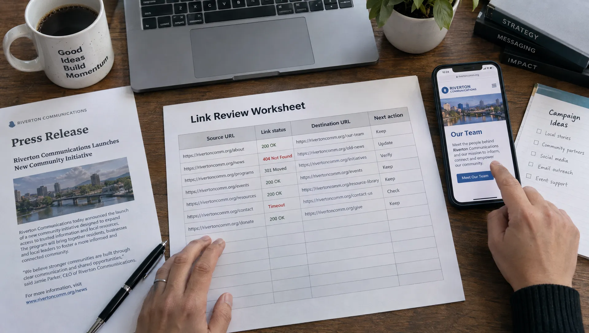 A link-review worksheet beside a press release clipping records the source, status, destination, and next action for backlink monitoring.