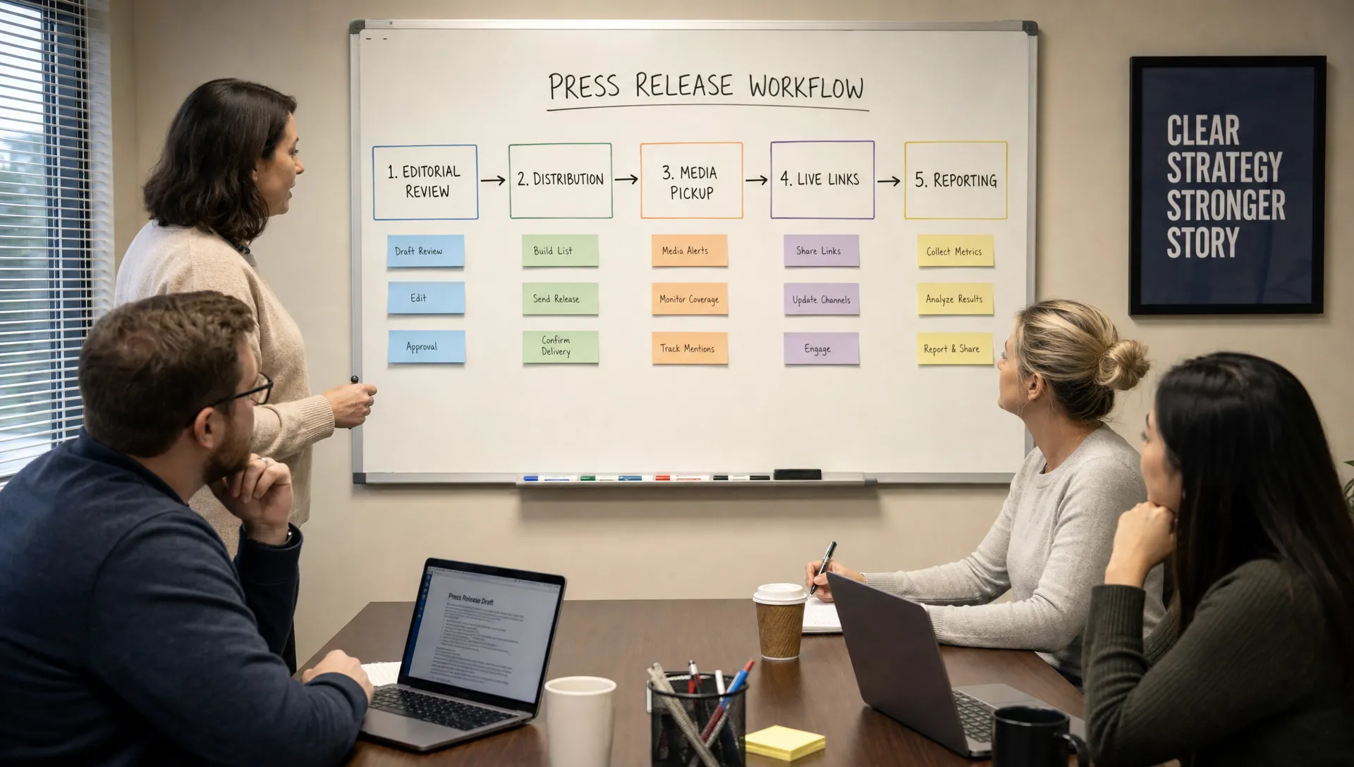 A communications team reviews a press release workflow with stages for editorial review, distribution, media pickup, live links, and reporting arranged on a planning board in a small meeting room.
