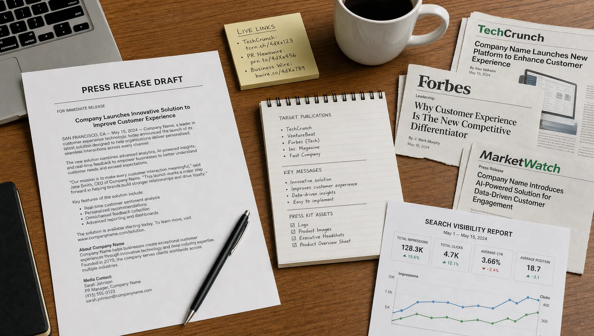 A press release draft sits beside publication clippings, live link notes, and a search visibility report on a worktable.