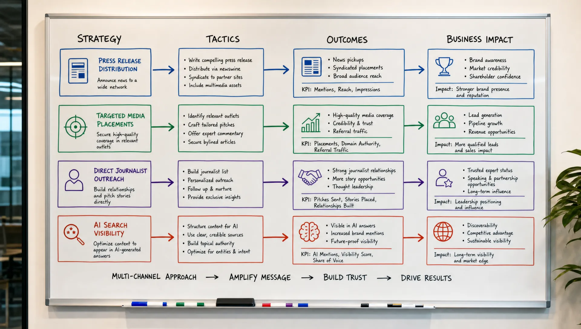 A planning board showing press release distribution, targeted media placements, direct journalist outreach, and AI search visibility mapped as separate paths and outcomes.