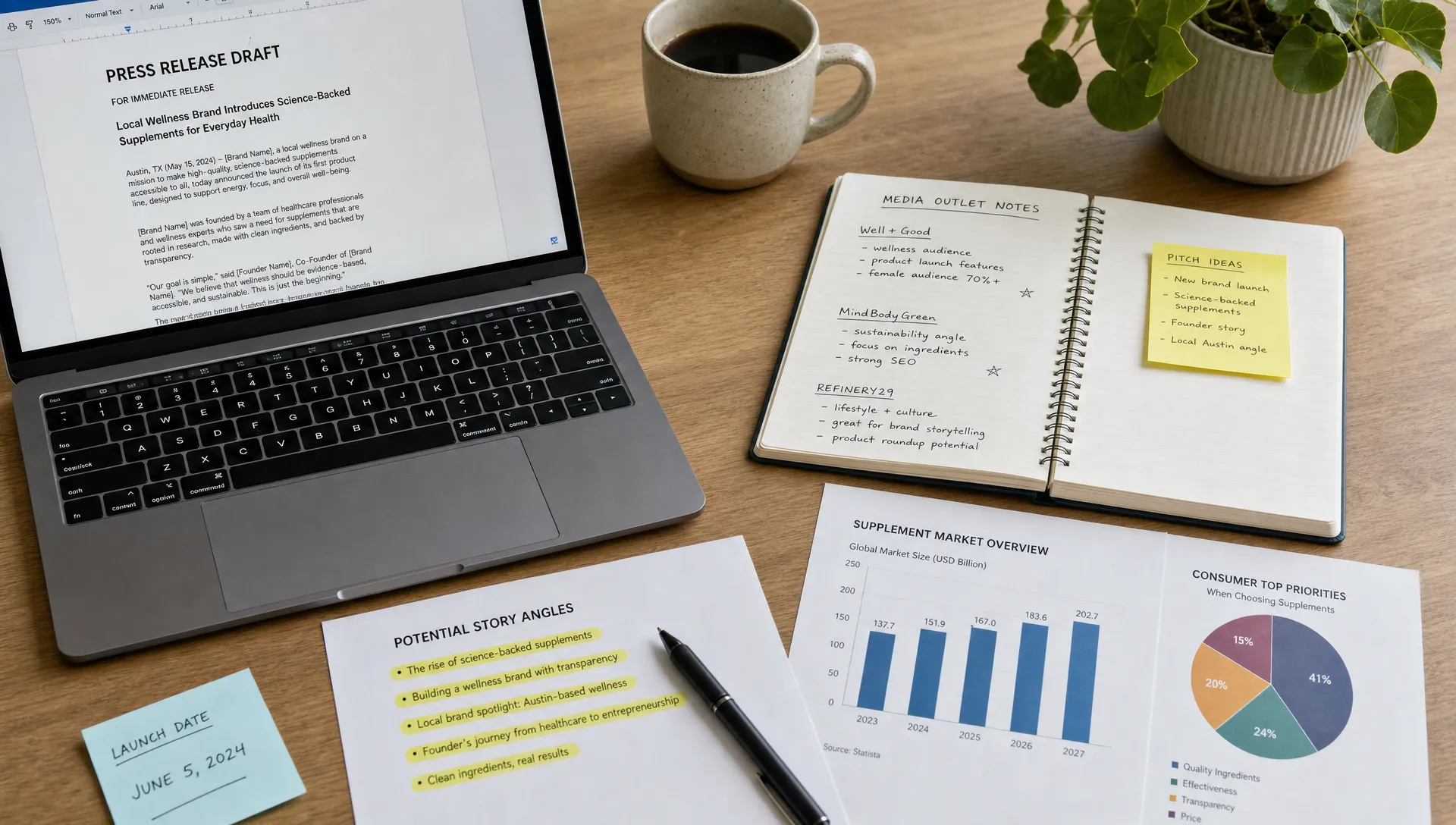 A desk with a press release draft, media outlet notes, highlighted story angles, and printed charts showing a brand preparing for its first media outreach campaign.