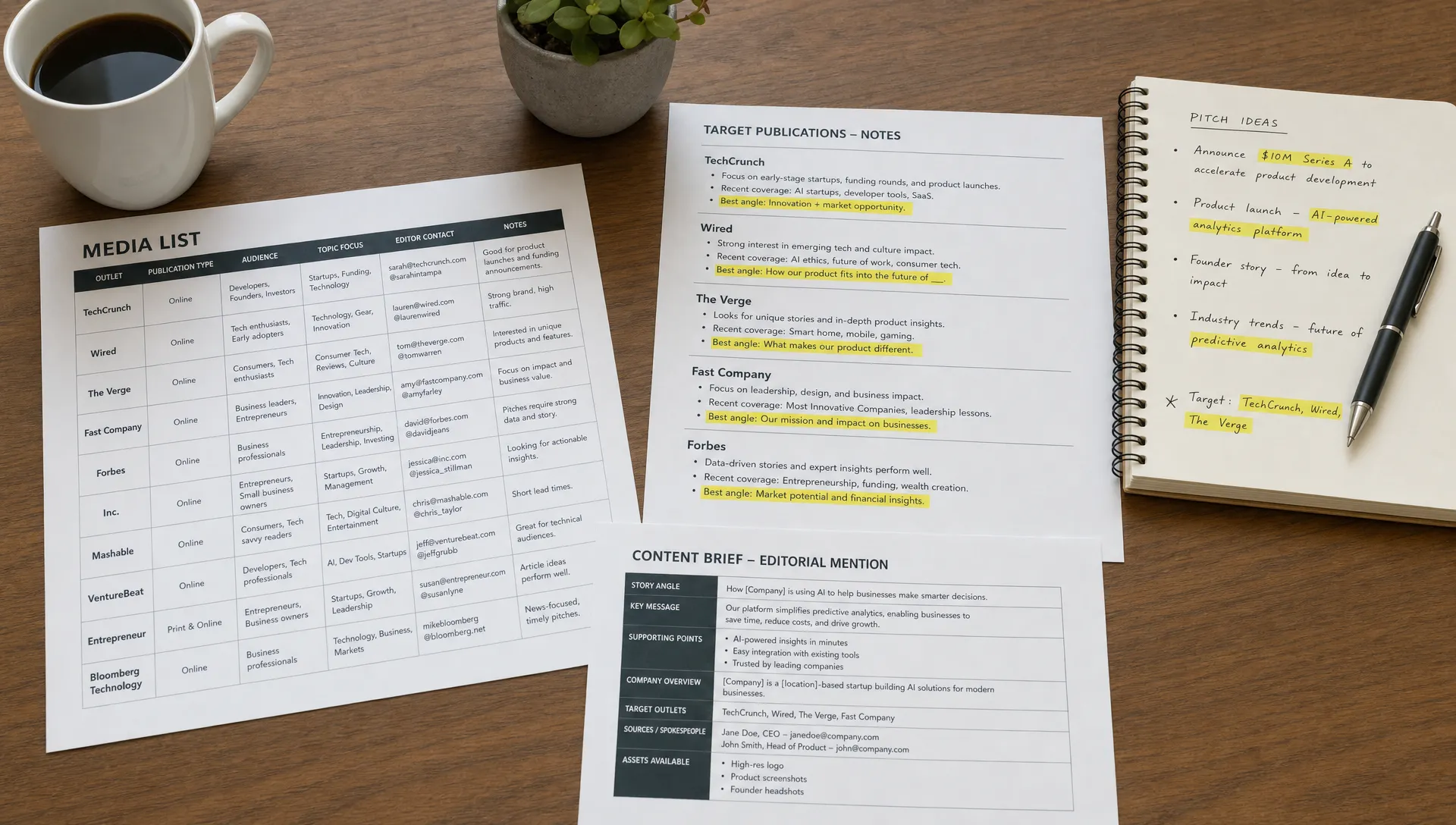 A marketing desk with printed media lists, highlighted publication notes, and a content brief for relevant editorial mentions.