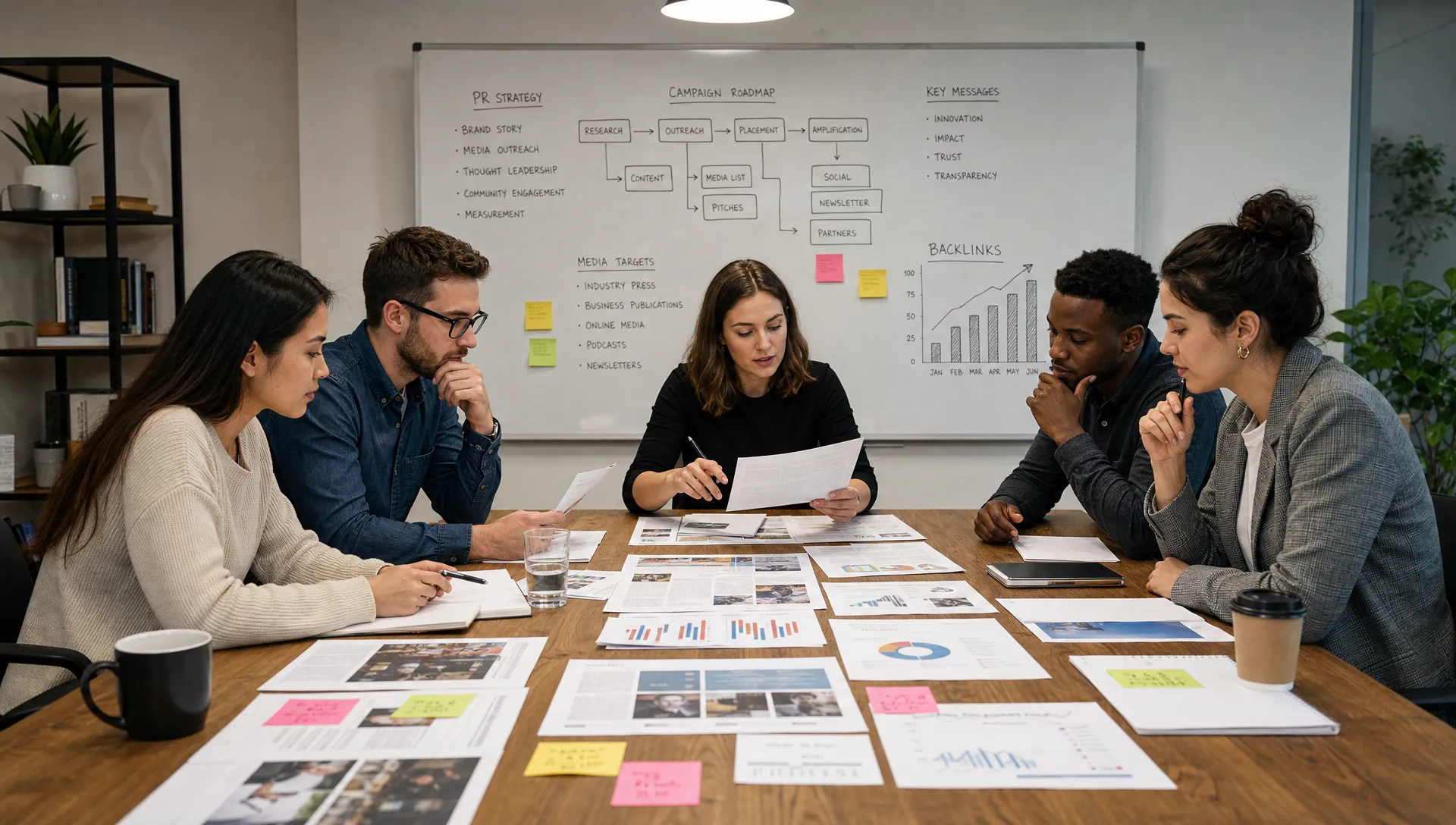 A marketing team reviews printed media coverage, campaign notes, and backlink charts on a conference table with a PR stage whiteboard behind them.