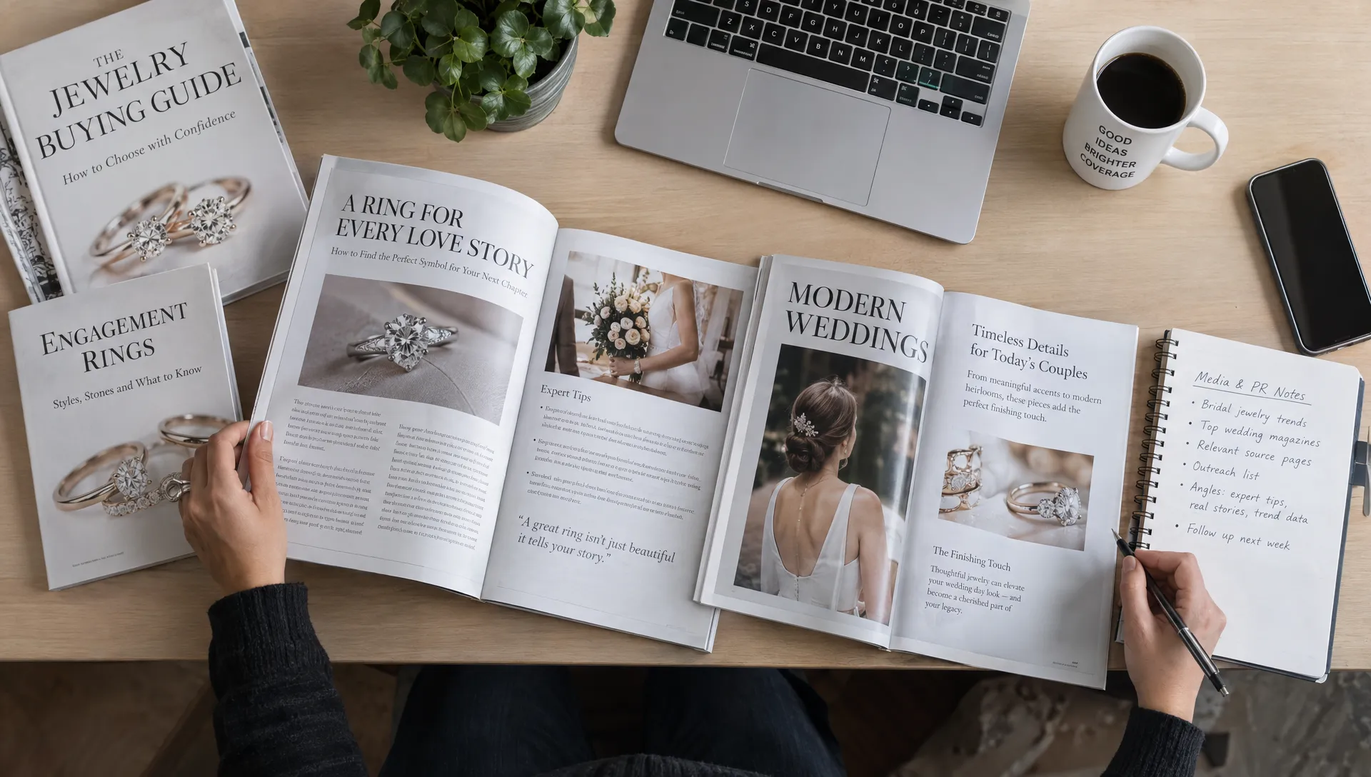 Overhead view of a PR specialist’s hands comparing jewelry buying guides and wedding magazine articles beside notes on relevant source pages.