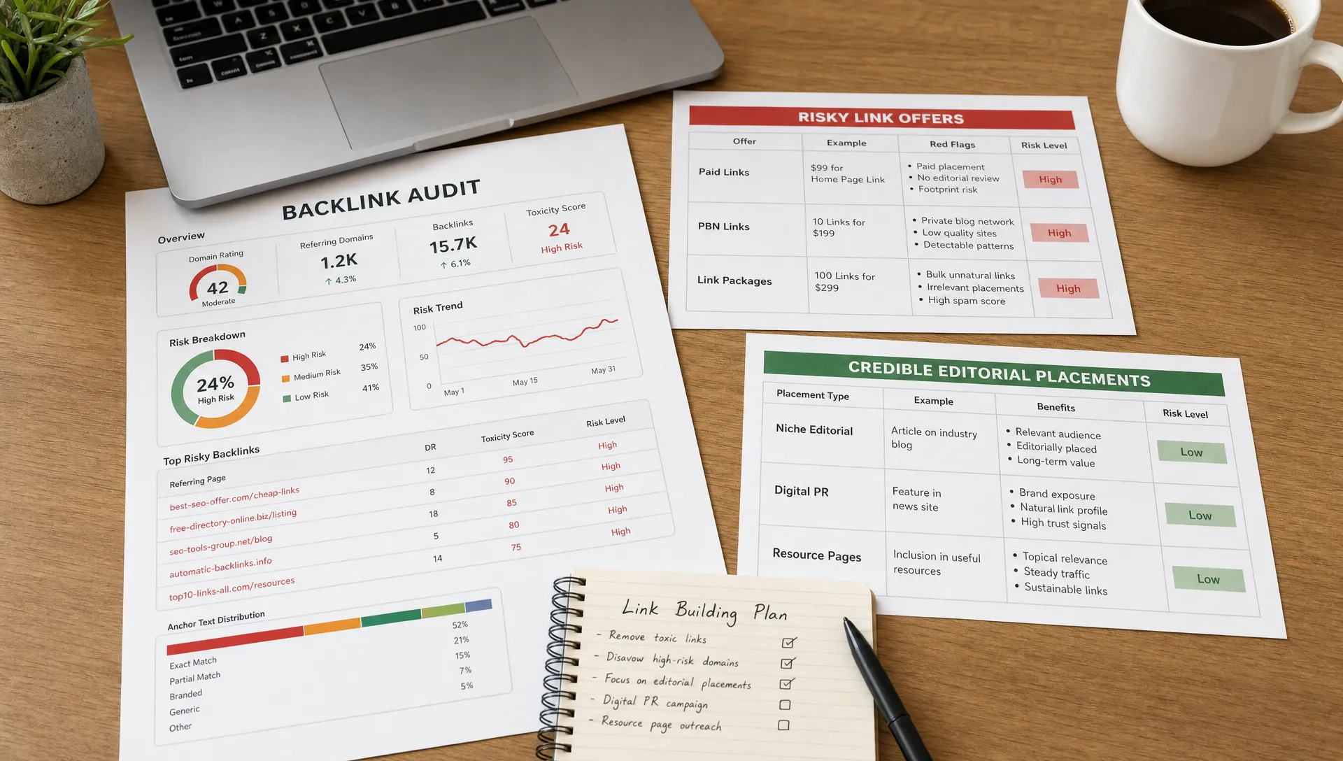 A desk with backlink audit pages and highlighted risk signals compares risky link offers with credible editorial placements.