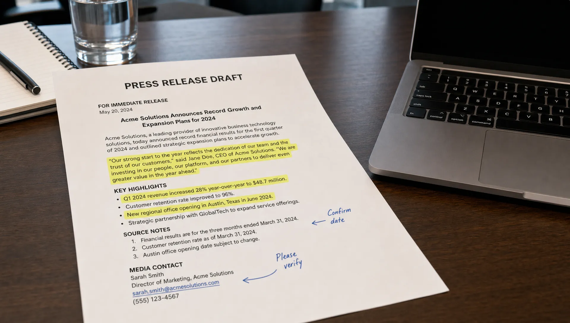 A press release draft lies on a conference table with highlighted claims, source notes, media contact details, and a laptop outline beside it.