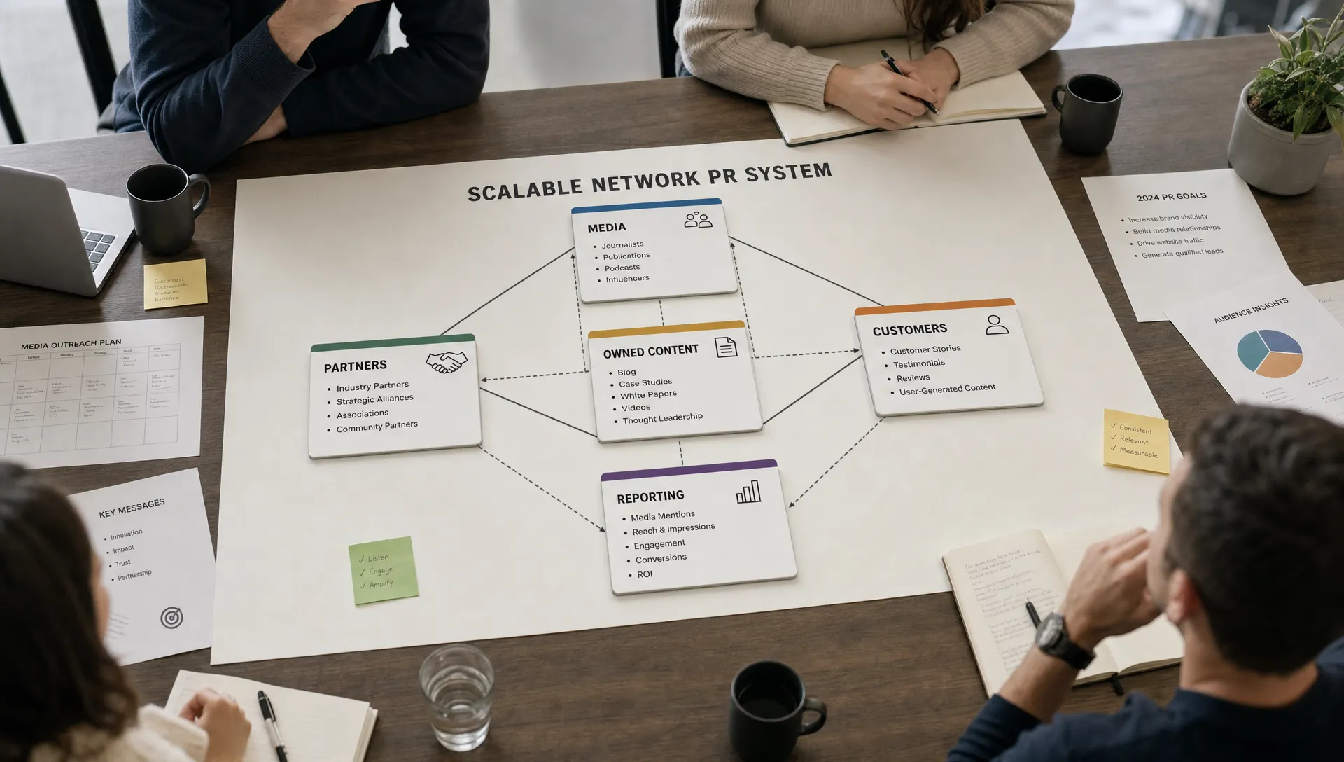 A strategy map spread across a conference table with cards for media, partners, customers, owned content, and reporting connected by lines, showing a scalable network PR system.
