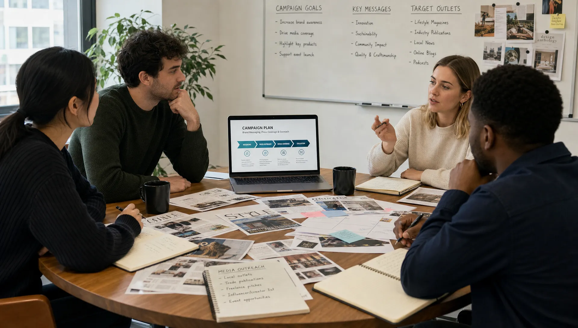 A small PR team reviewing a campaign plan around a conference table with printed media clippings, notebooks, and a laptop screen facing the group, showing collaboration on brand messaging, press coverage, and outreach planning.