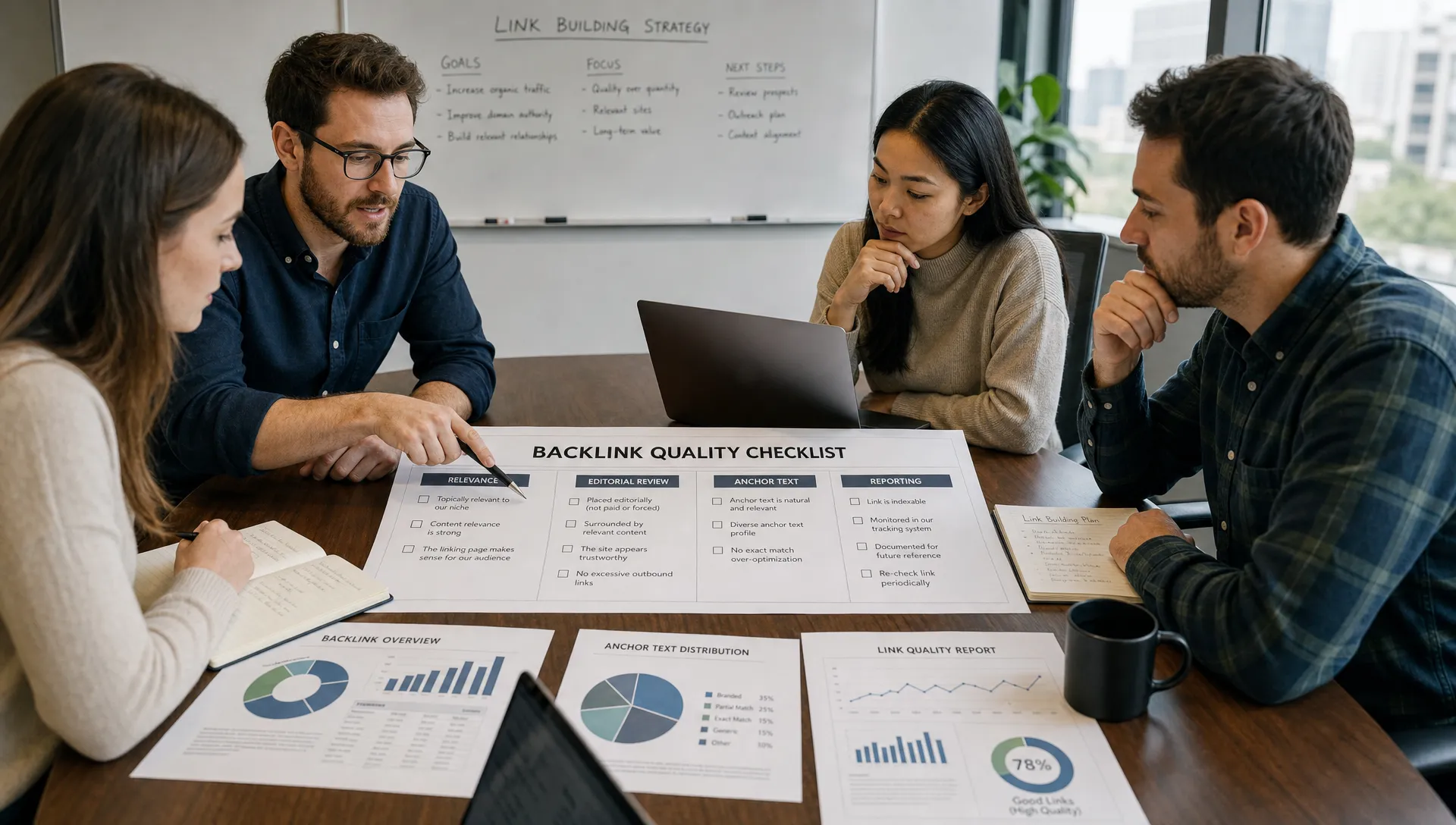 A marketing team reviews a backlink quality checklist at a conference table, with relevance notes, editorial review, anchor text and reporting spread out.