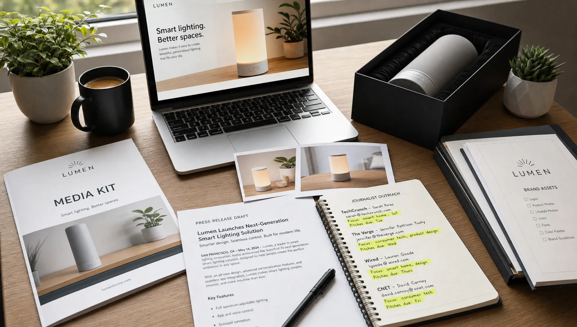 A startup founder’s desk with a printed media kit, product photos, a press release draft, highlighted journalist notes, and organized brand assets ready for outreach.