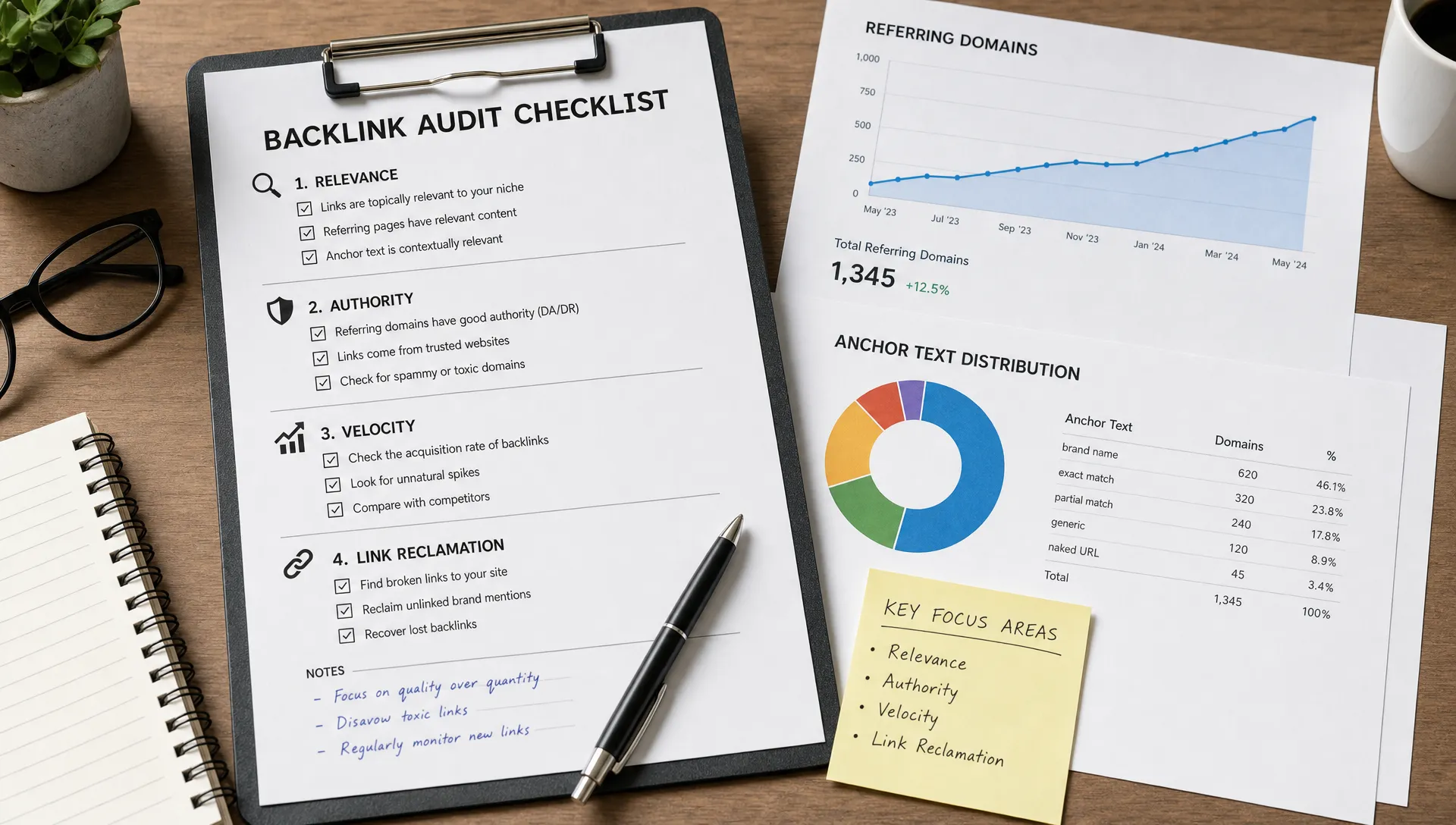 A backlink audit checklist lies beside charts of referring domains and anchor text, with notes about relevance, authority, velocity and link reclamation.