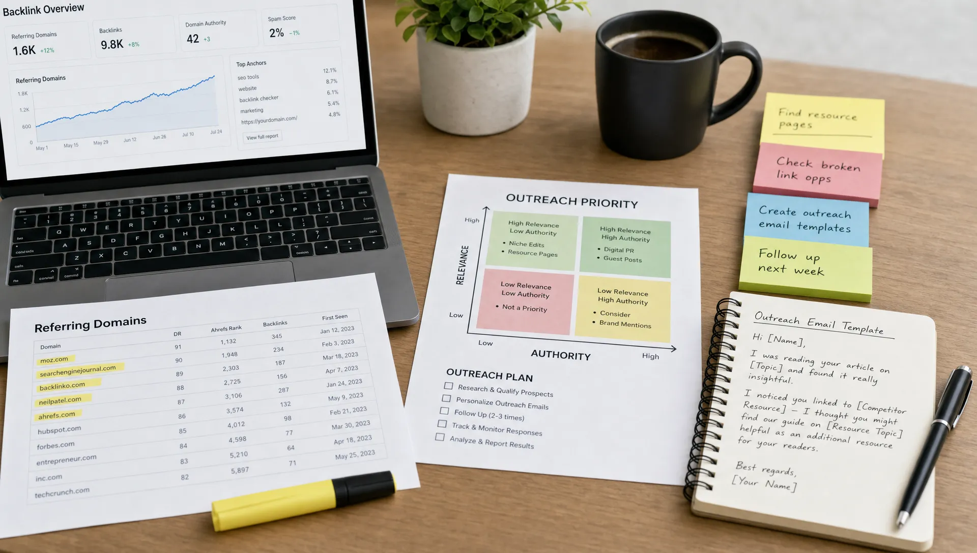 A desk with backlink reports, highlighted referring domains, sticky notes, and a priority chart for outreach planning.