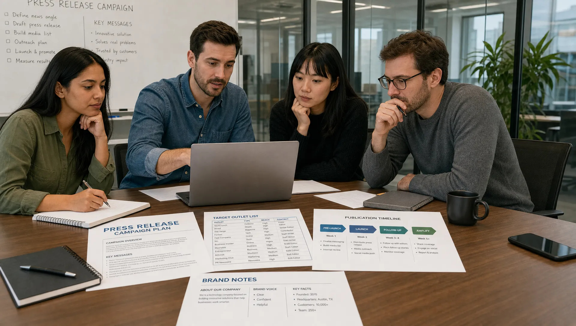 A marketing team reviews a press release campaign plan on a conference table with outlet lists, publication timelines, and brand notes beside a laptop facing them.