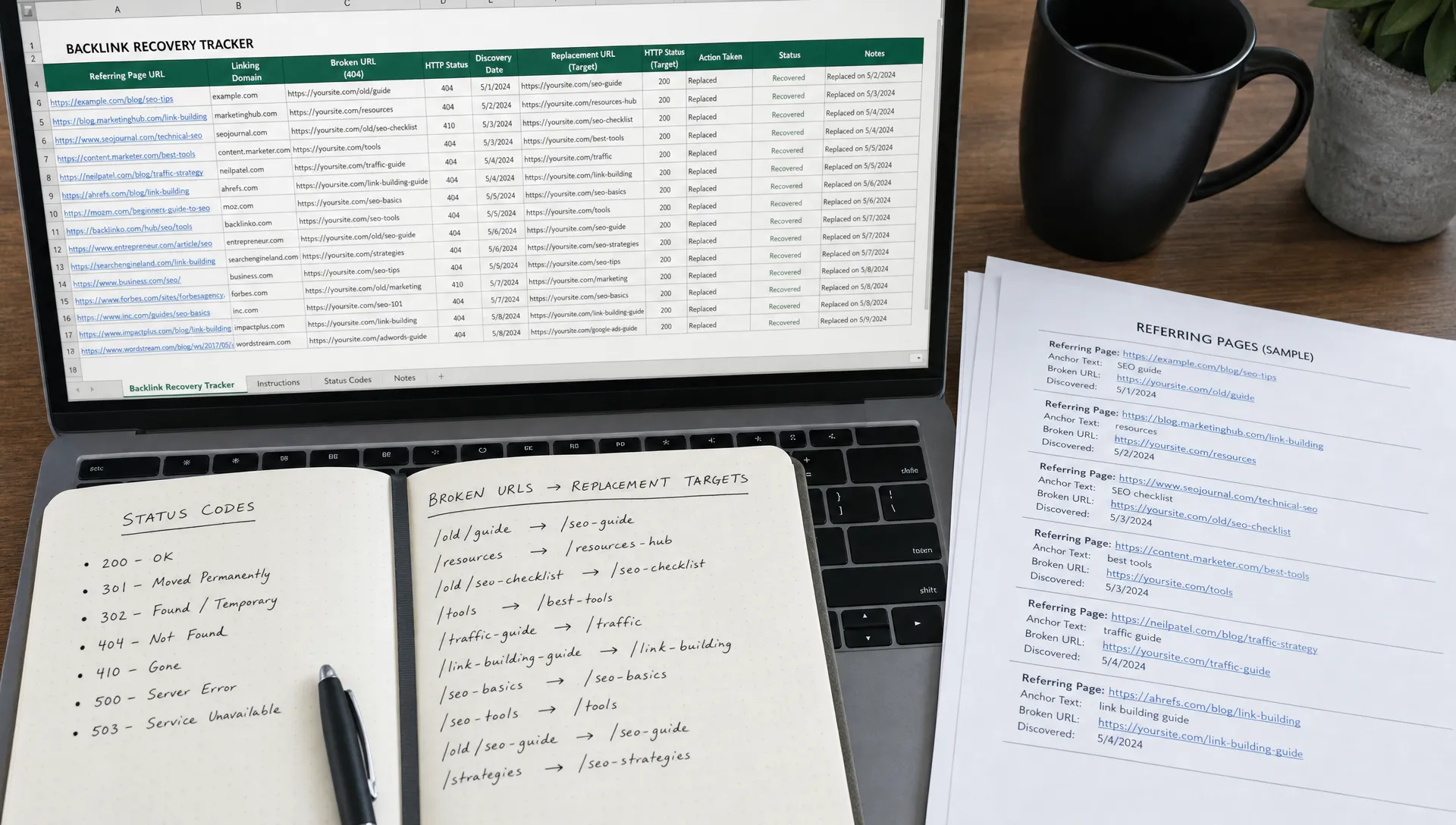 A desk with a backlink recovery spreadsheet, printed referring pages, and status code notes for broken URLs and replacement targets.