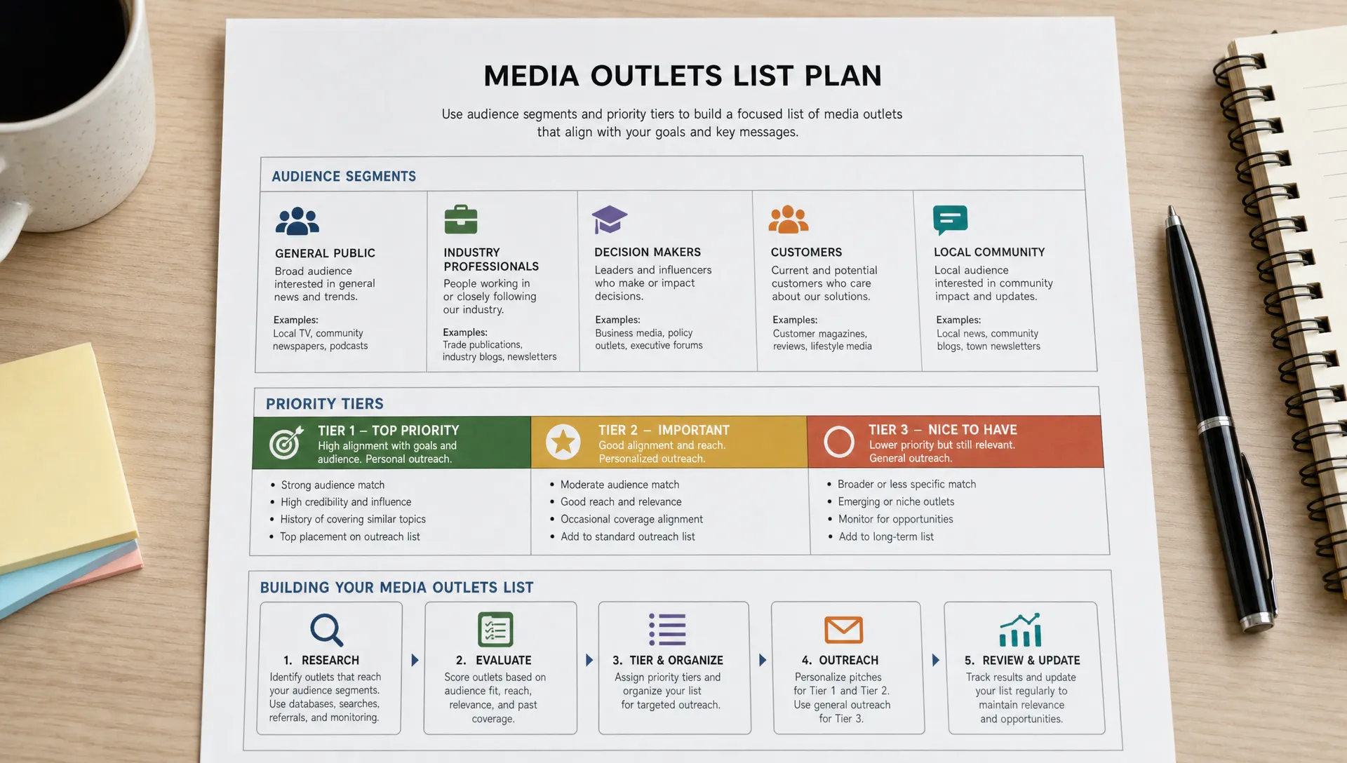 A planning sheet with audience segments and priority tiers shows how to organize a focused media outlets list.