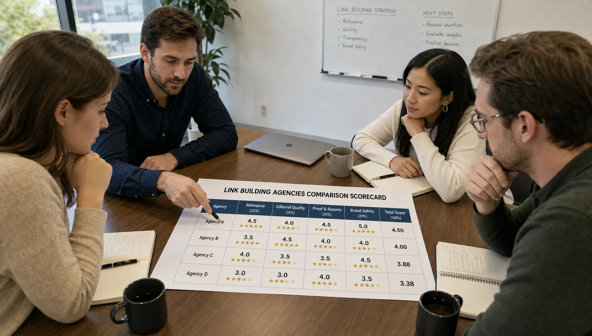 A marketing team reviews a comparison scorecard for link building agencies on a conference table, with columns for relevance, editorial quality, proof reports and brand safety.
