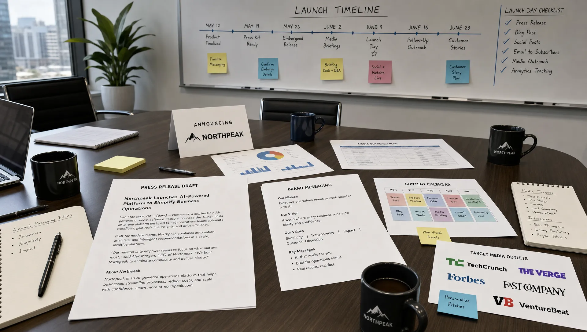 A startup launch planning table with press release drafts, brand notes, calendar cards, analytics printouts, and media outlet logos arranged around coffee cups, with the materials spread across a conference table and a wall timeline visible in the background, showing a coordinated announcement being prepared.