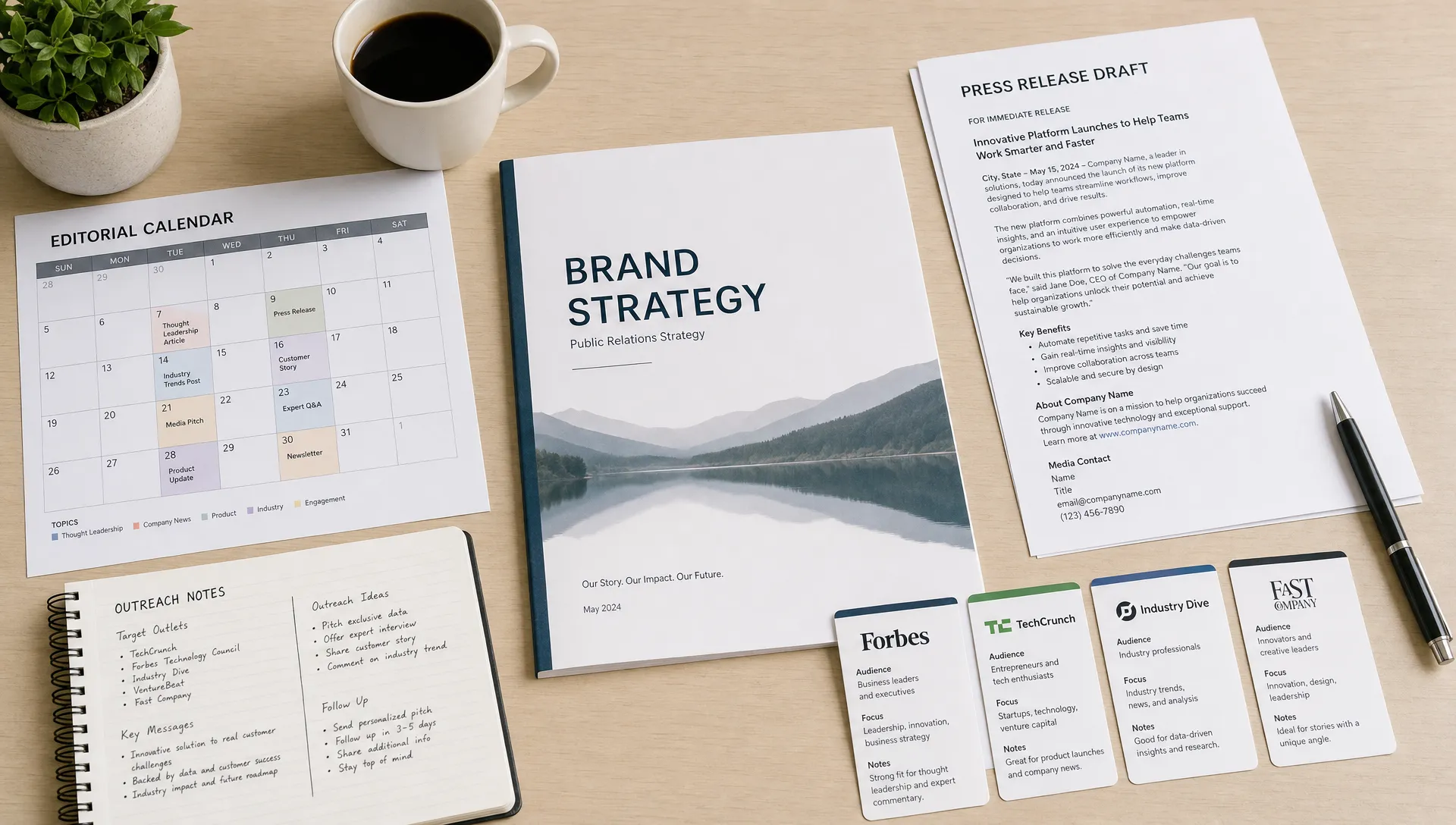 An editorial calendar, press release draft, outreach notes, and publication cards are arranged around a brand strategy document on a clean table.