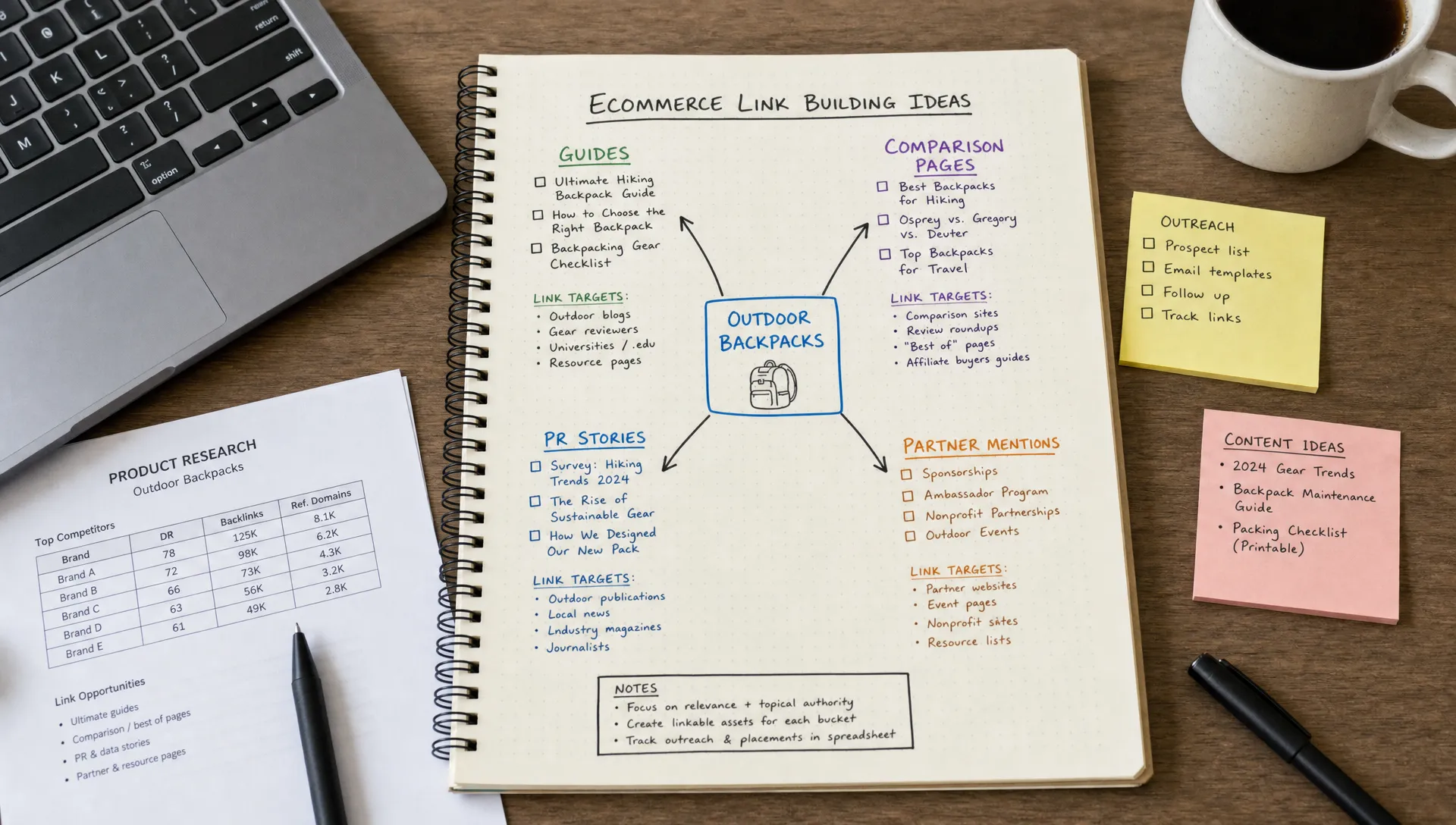 A worktable with product research notes and ecommerce link building ideas mapped to guides, comparison pages, PR stories, and partner mentions.