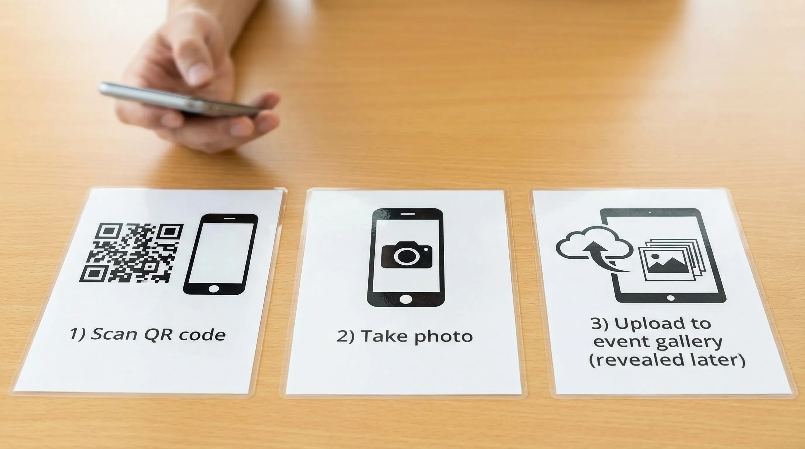 Simple three-step diagram showing: “1) Scan QR code” then “2) Take photo” then “3) Upload to event gallery (revealed later),” using generic phone and gallery icons.