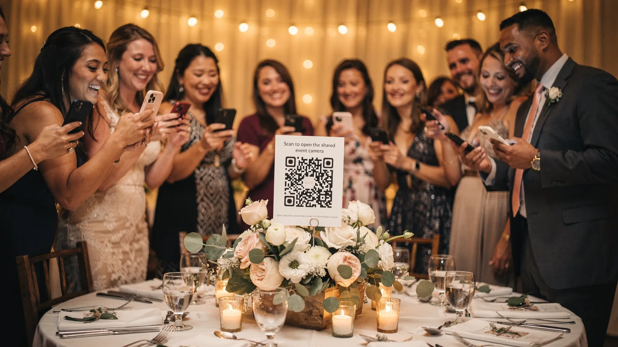 Guests at a wedding reception standing near a small sign with a large QR code, scanning it with their phones to open a shared event camera. The scene shows candid smiles, warm lighting, and the QR sign placed on a table centerpiece.