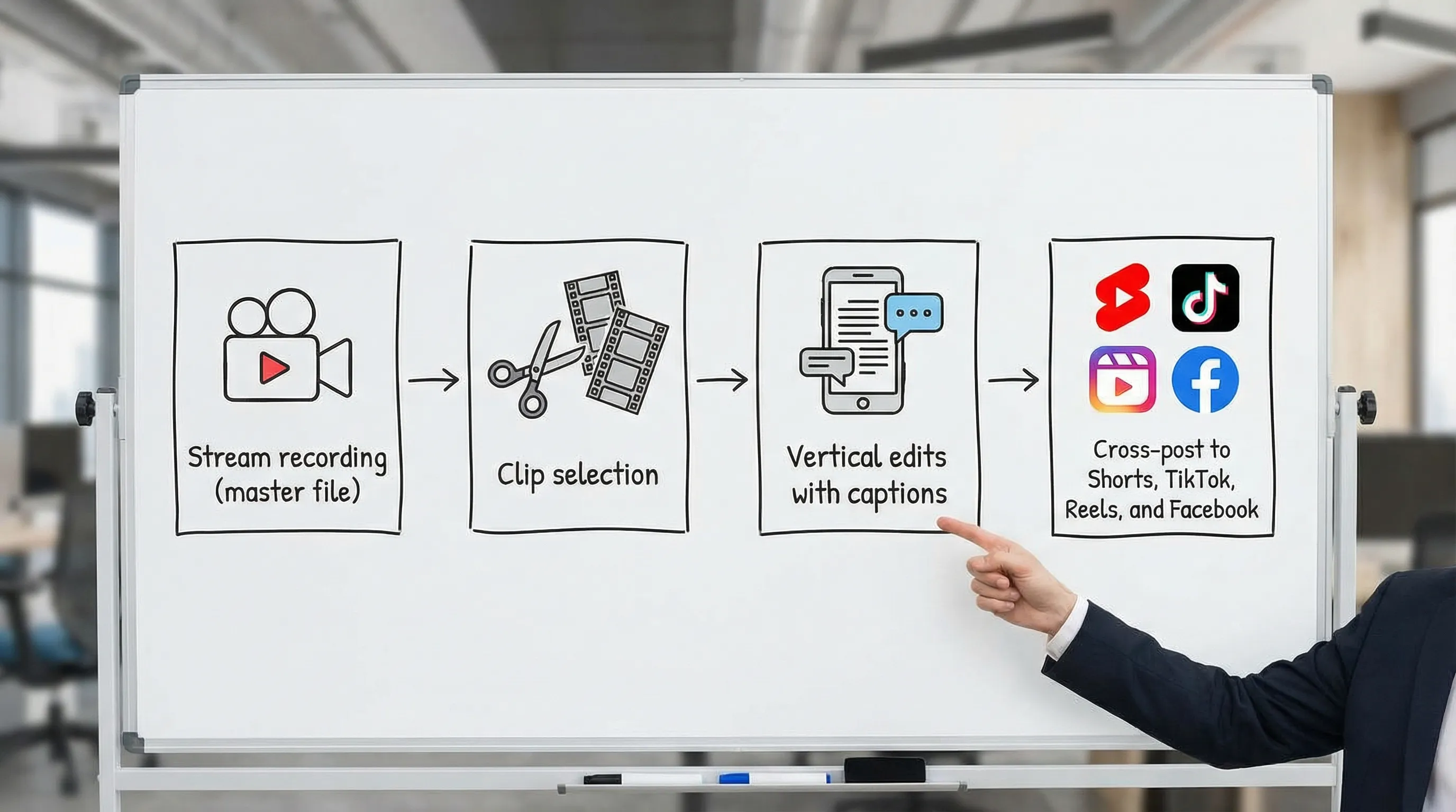 A simple 4-step workflow diagram showing: Stream recording (master file) -> Clip selection -> Vertical edits with captions -> Cross-post to Shorts, TikTok, Reels, and Facebook.