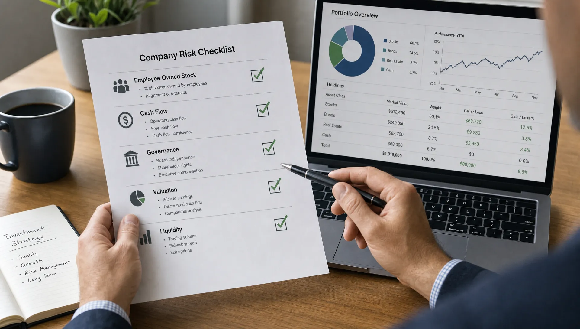 An investor reviews a company risk checklist with employee owned stock, cash flow, governance, valuation, and liquidity beside a portfolio chart.