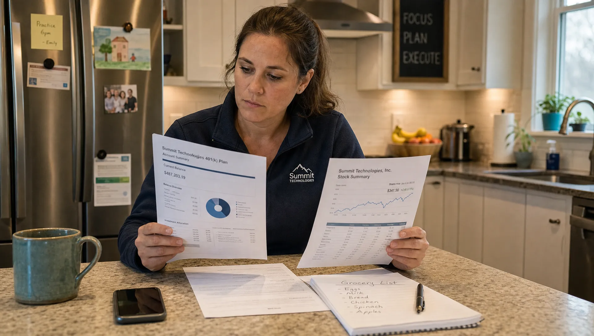 An employee-owner checks a retirement statement and company stock summary on a kitchen counter.
