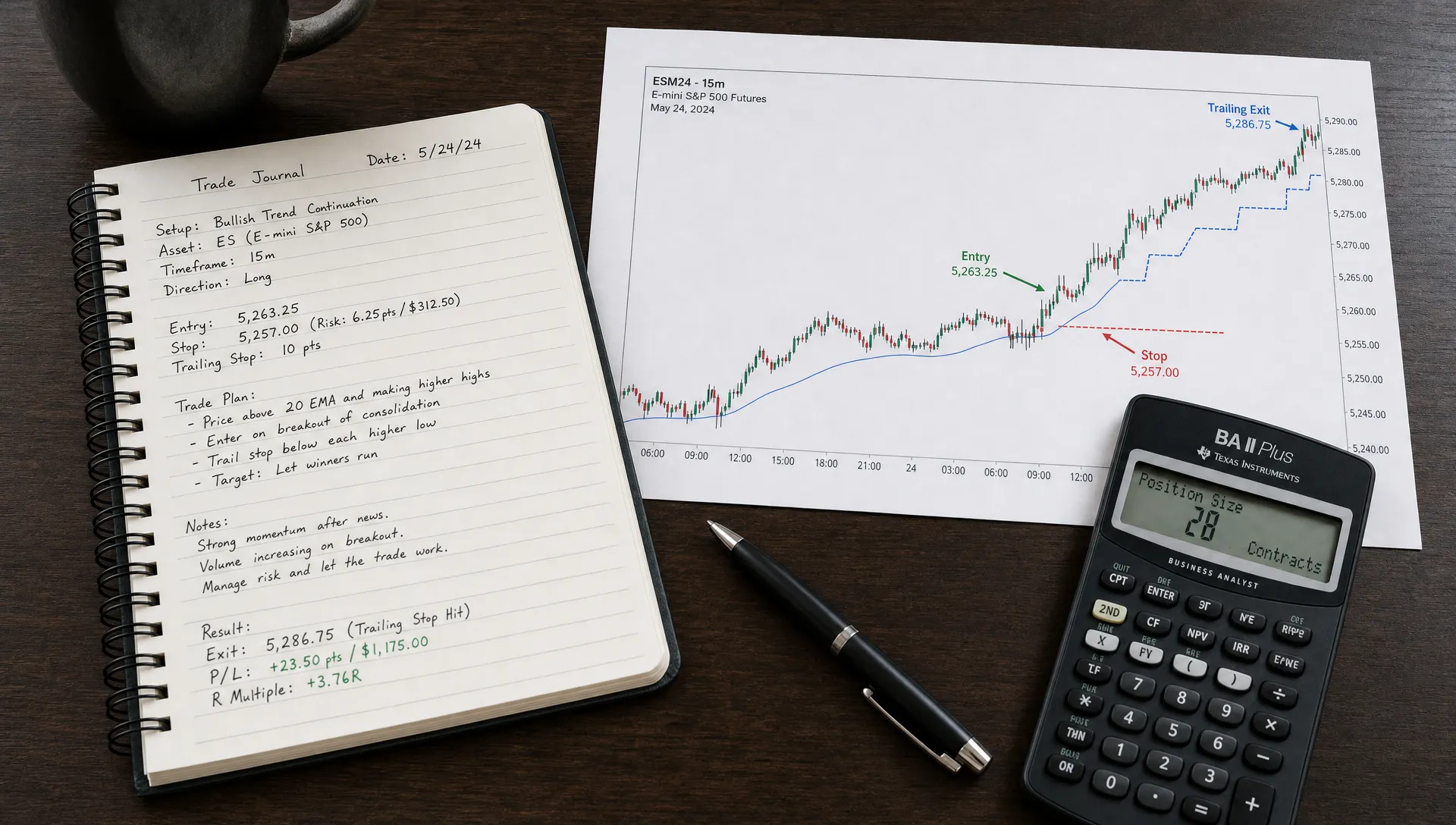A trading notebook beside a printed price chart with entry, stop, and trailing exit marks, plus a calculator and pen for position sizing.