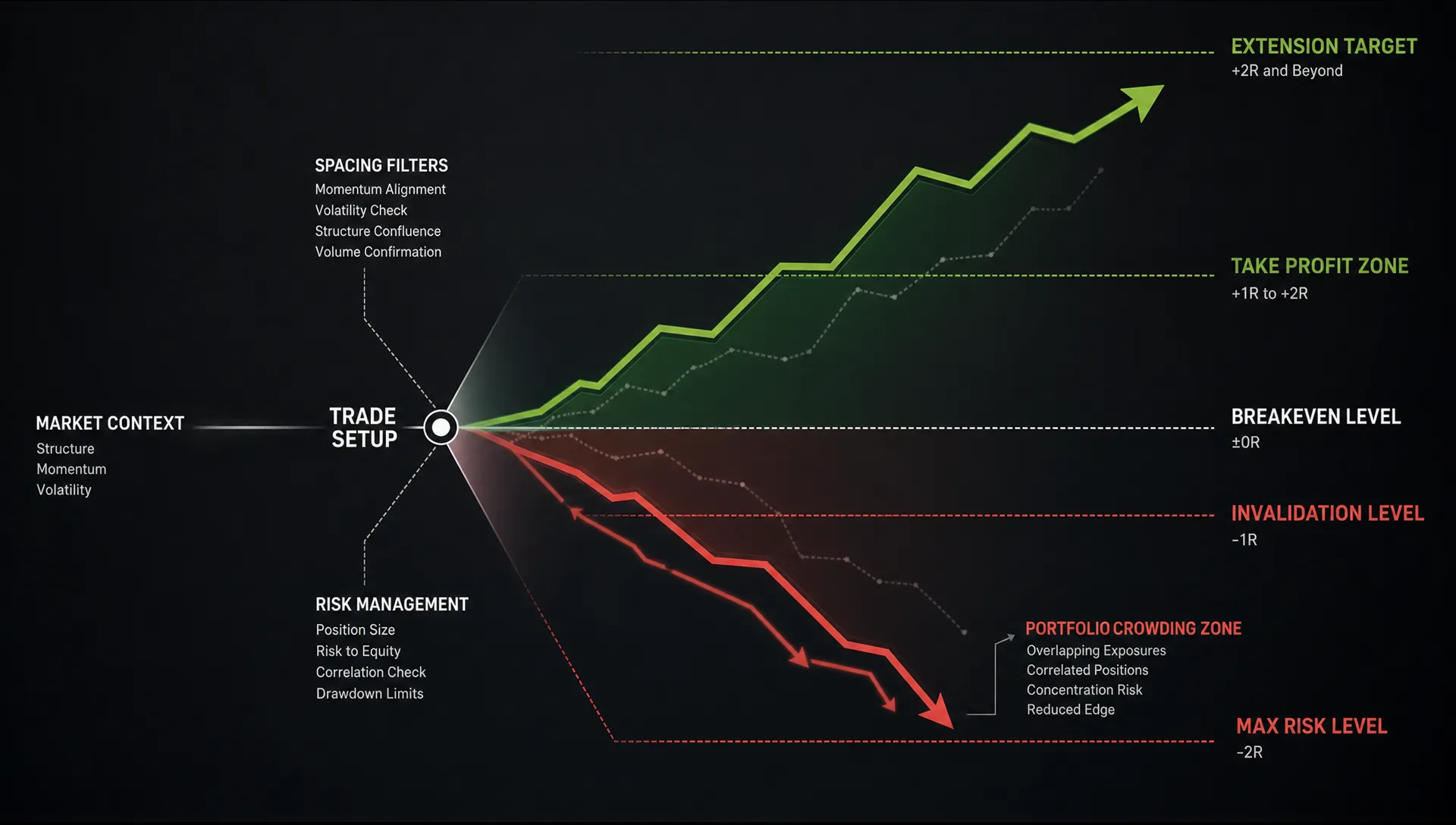 Layered arrows and threshold lines visualize trend signals, exits, and crowding risk.