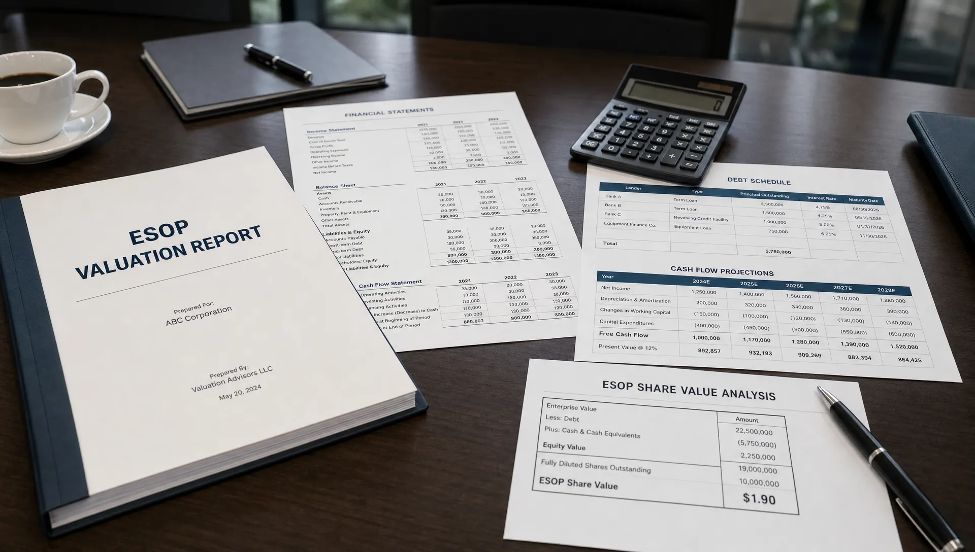 A conference table holds an ESOP valuation report, financial statements, a calculator, and worksheets showing debt, cash flow, and share value.