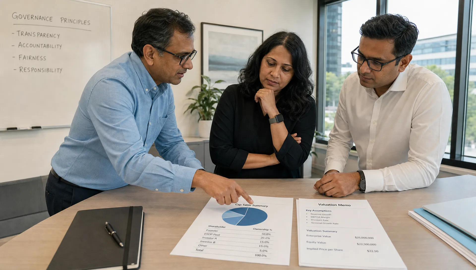 A founder, an ESOP trustee, and a finance manager review a valuation memo and cap table summary together.