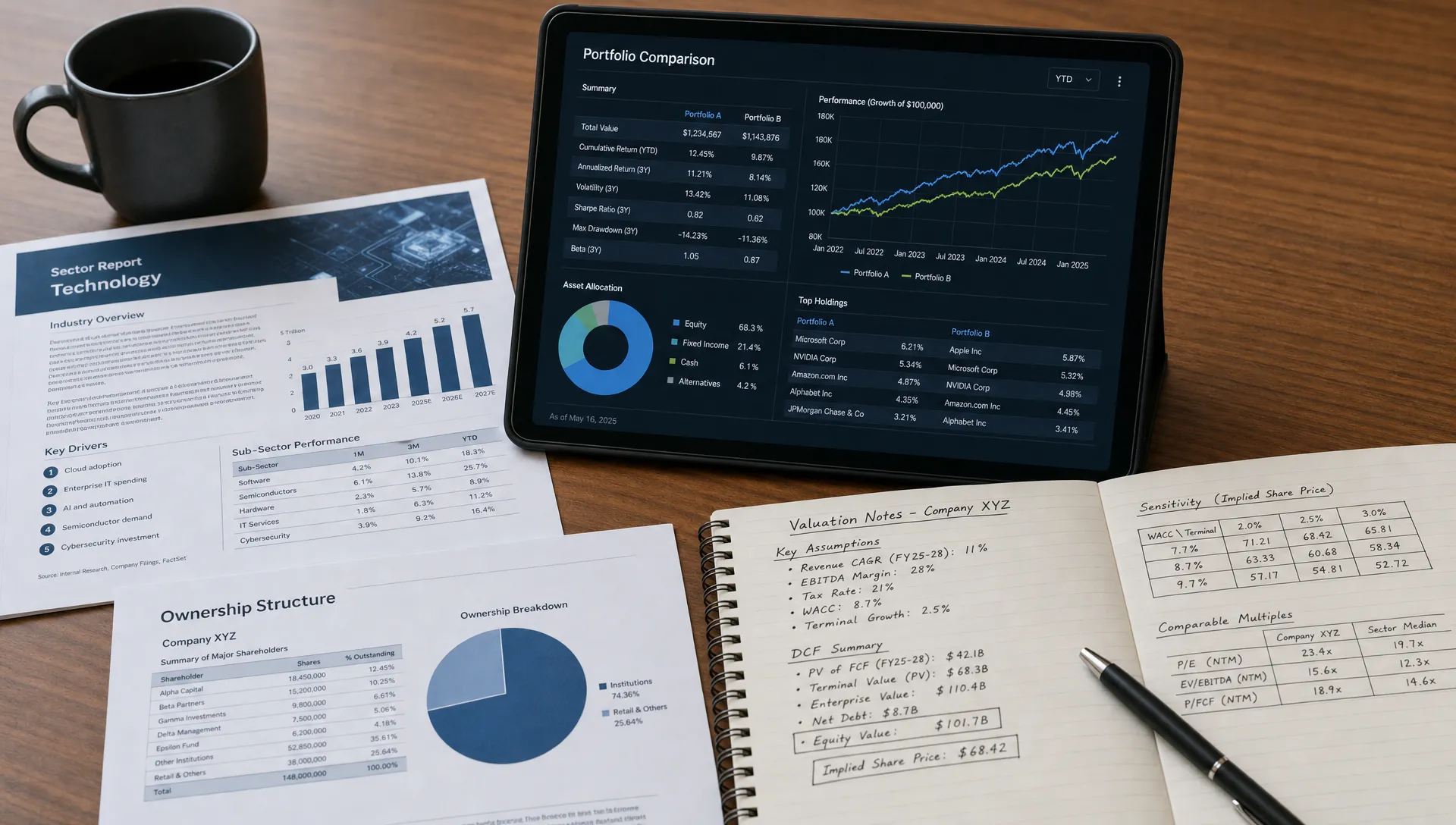 A research desk with ownership charts, valuation notes, and sector reports beside a tablet showing a portfolio comparison dashboard.