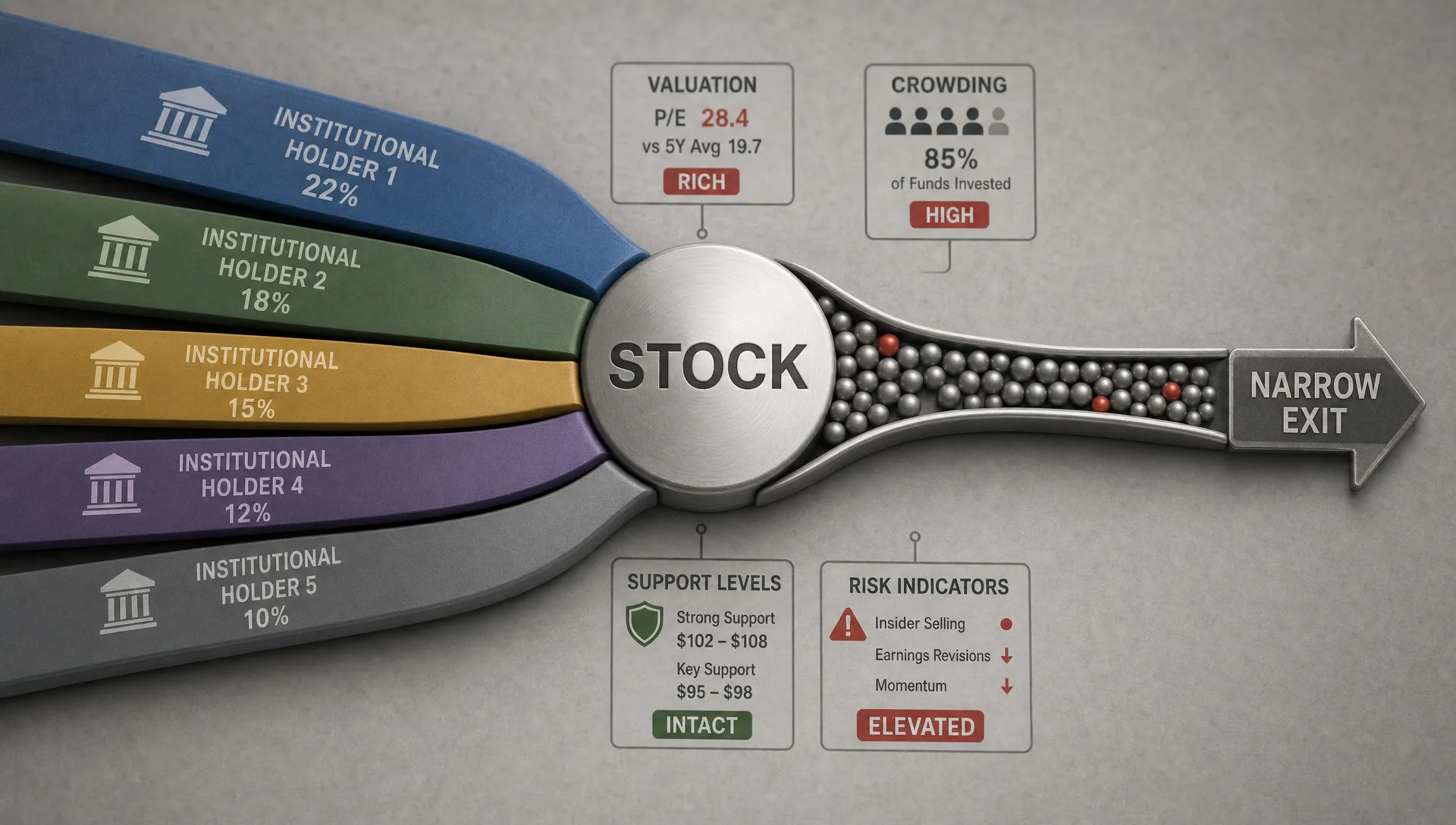 A stock icon is squeezed by institutional holder bands, suggesting crowded ownership and exit risk.