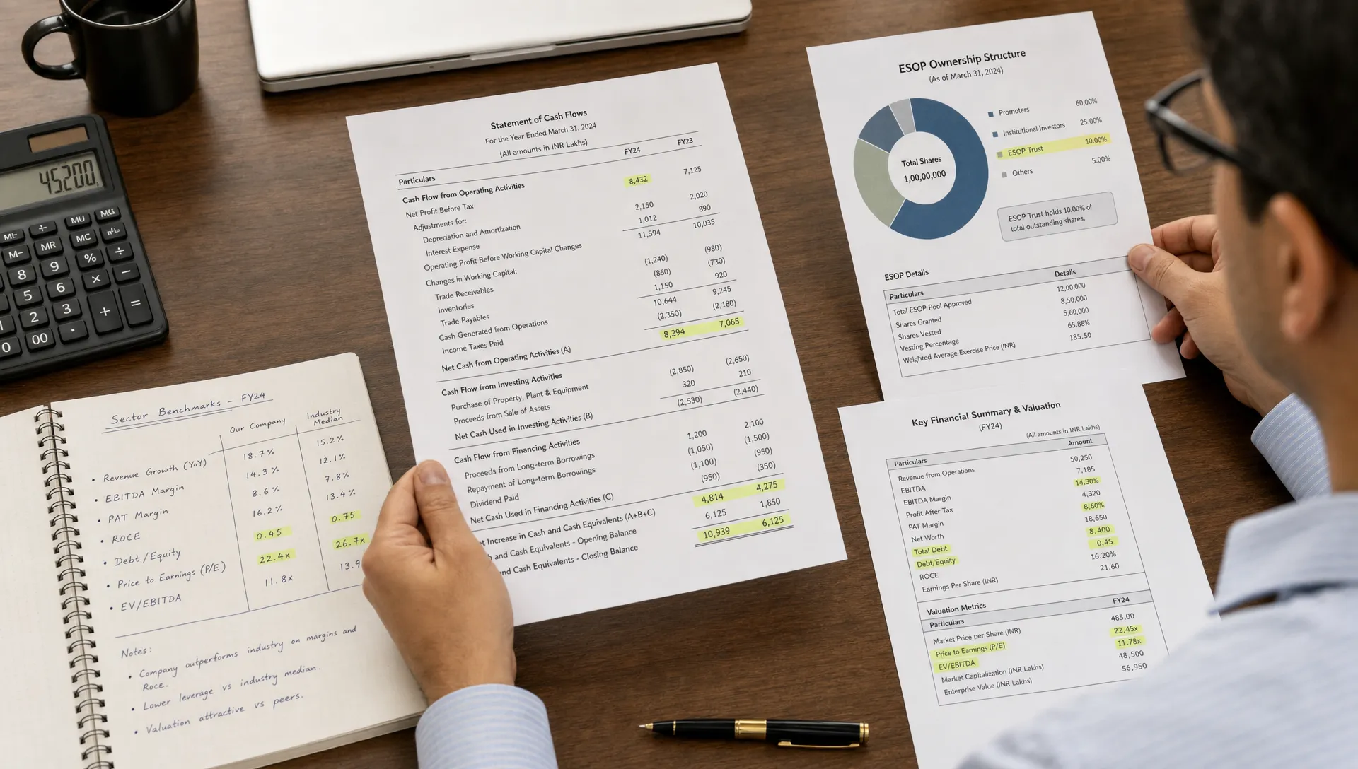 An investor reviewing printed financial statements, an ESOP ownership chart, and sector benchmark notes spread across a desk, with highlighted figures for cash flow, debt, valuation, and employee ownership percentages.