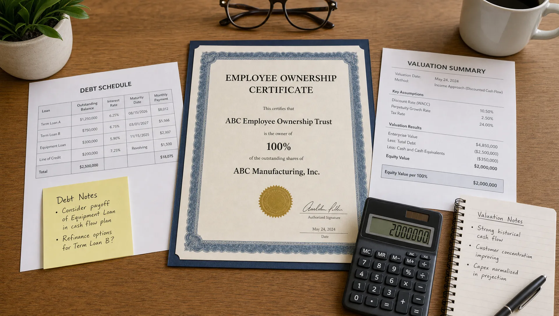A wide, landscape scene of a clean financial planning workspace centered on a single employee ownership certificate beside a simple debt schedule and a valuation summary sheet, with a calculator and a few neat annotation notes nearby; no people are present, and the composition feels like an analytical business decision rather than a meeting or presentation.