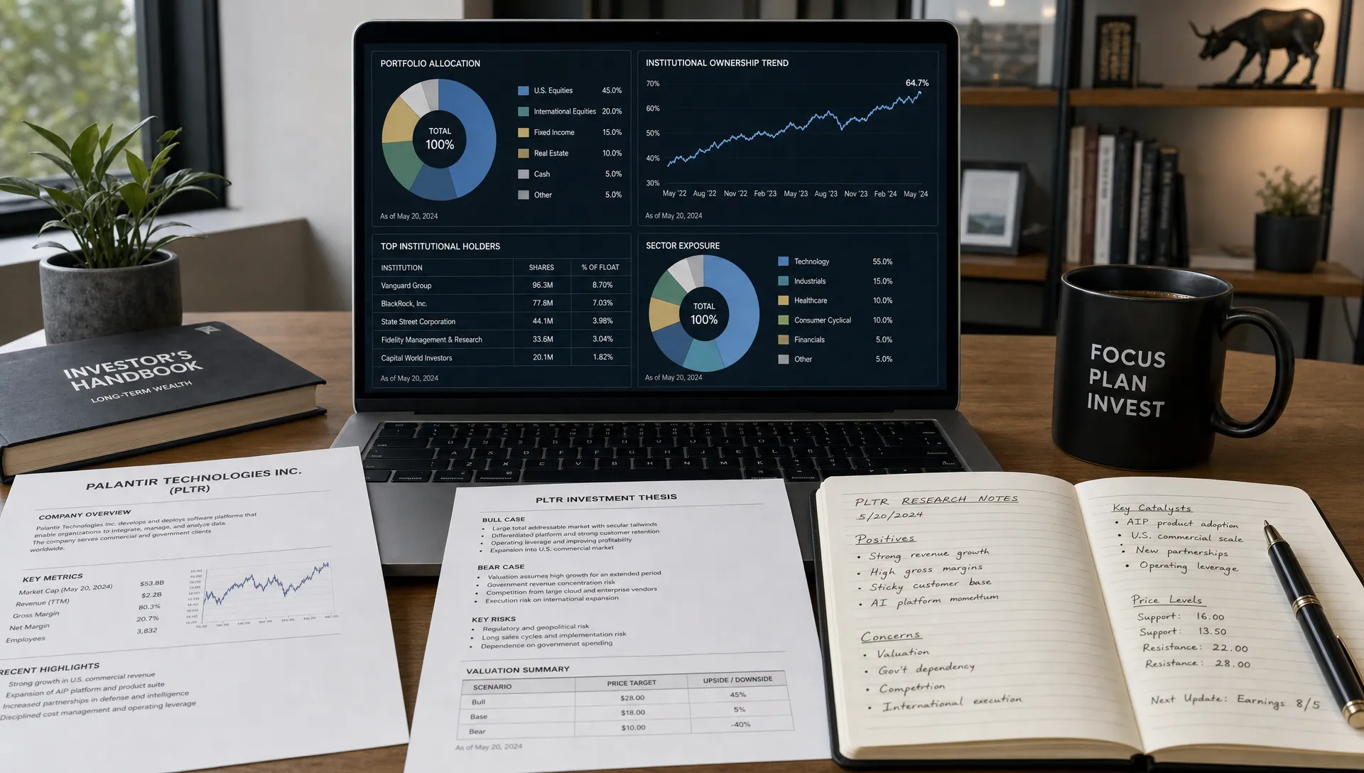 A detailed investor workspace showing anonymized portfolio allocation charts, institutional ownership trend lines, and Palantir stock research notes on a desk with financial reports and a laptop screen facing the viewer, arranged in a tidy office setting with the screen facing the viewer.