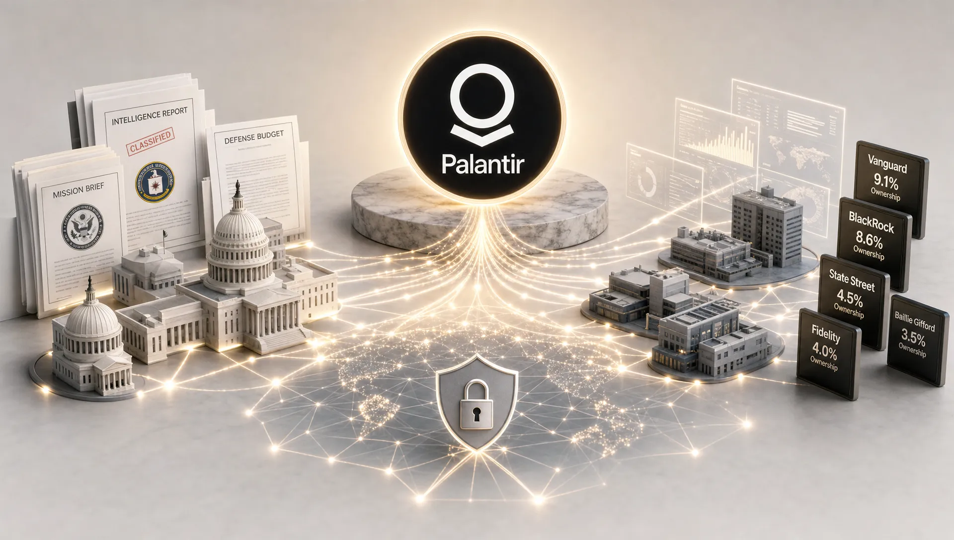 A wide conceptual scene of Palantir shown as a central AI and data infrastructure platform, with a secure data network, government-style document symbols, enterprise analytics nodes, and stock ownership markers flowing into a single highlighted company icon above a clean neutral surface. No people are present; the composition feels analytical and symbolic, with the company as the hero element and a setting that is distinct from a desk review or dashboard.
